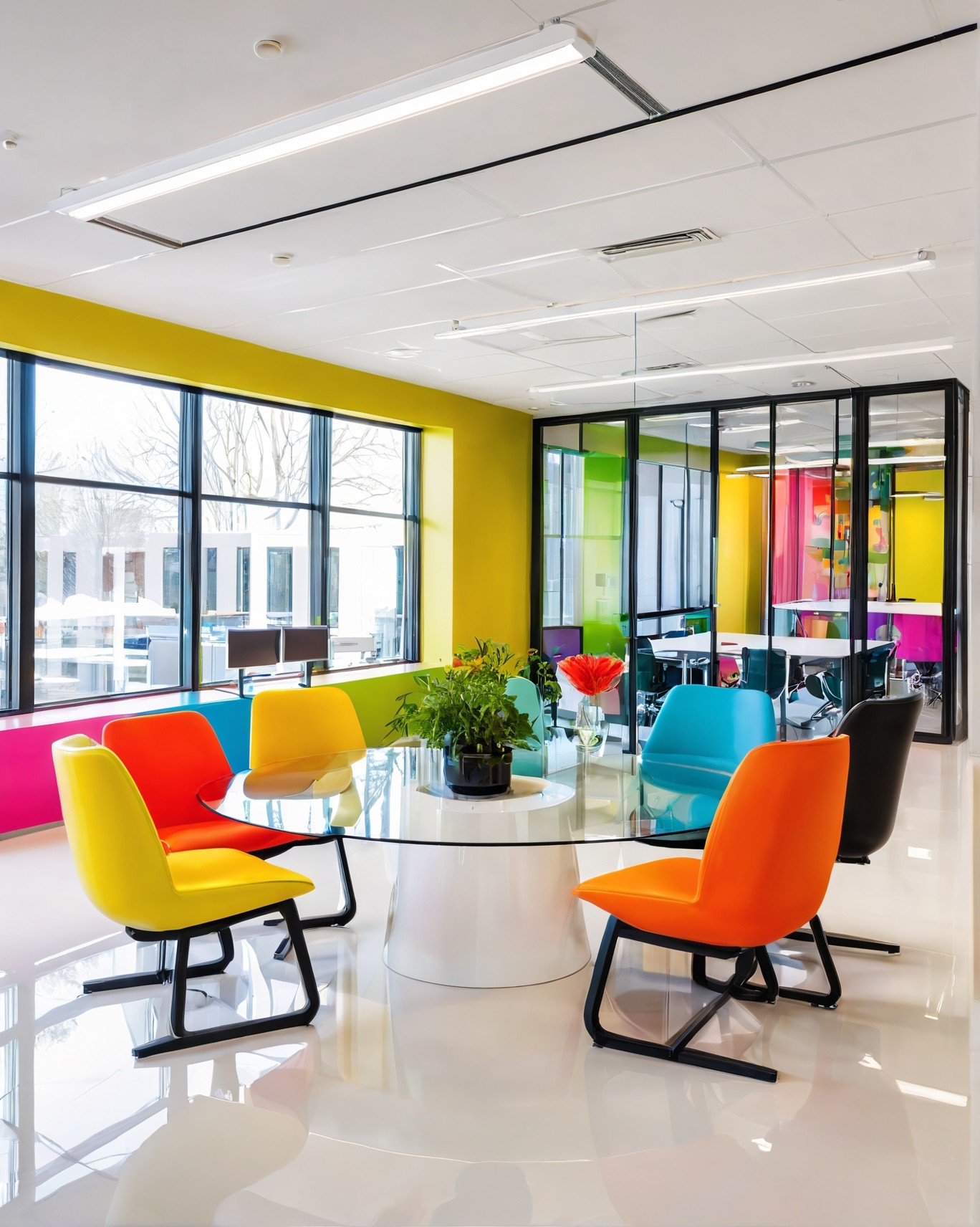 Color-rich modern interior with orange, pink, and green seating under yellow window frames – dopamine-driven workspace design by Modern Habitat