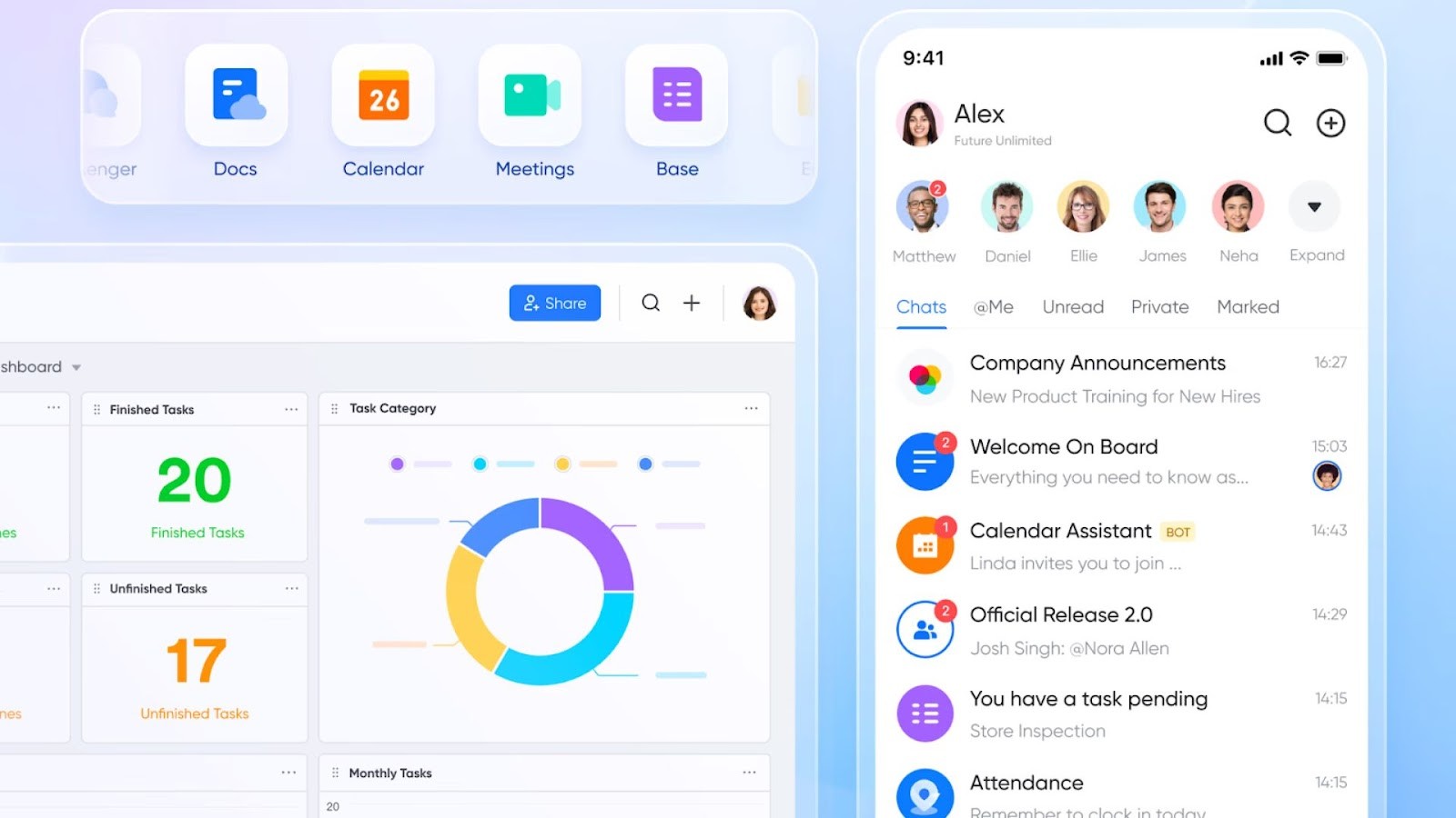 Lark workspace's unified messaging, calendar, docs, and analytics