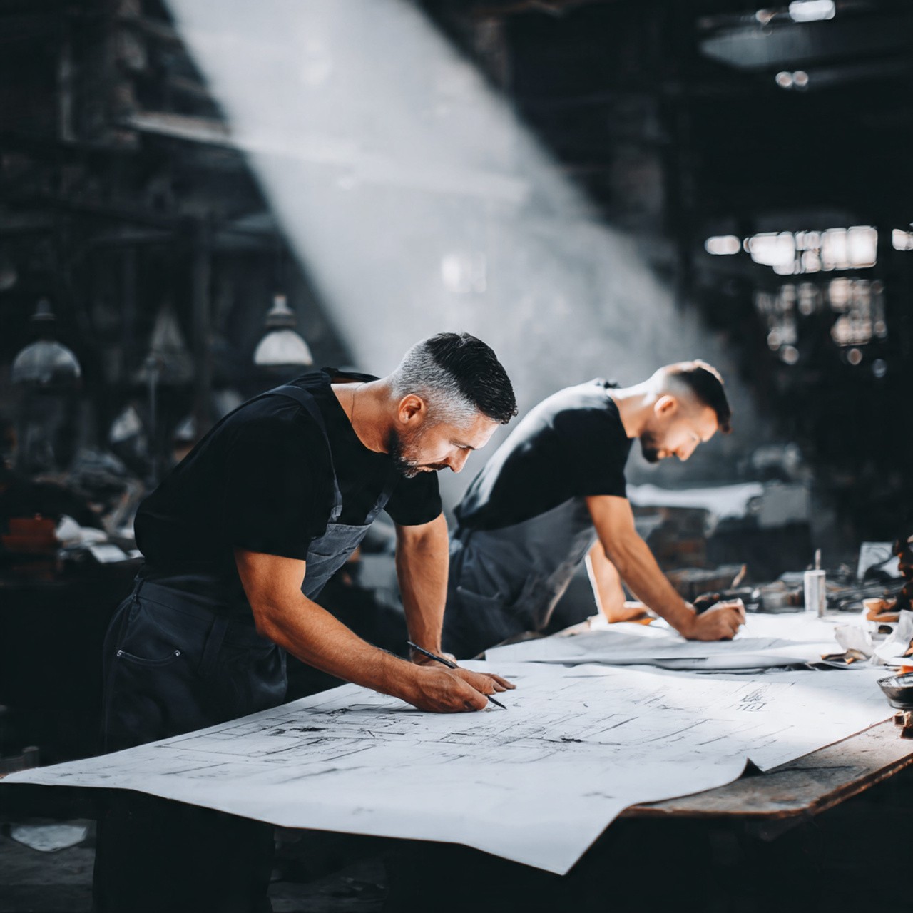 Two focused men in work aprons lean over large blueprints in a dimly lit workshop. A beam of light highlights the papers, creating a dramatic atmosphere.