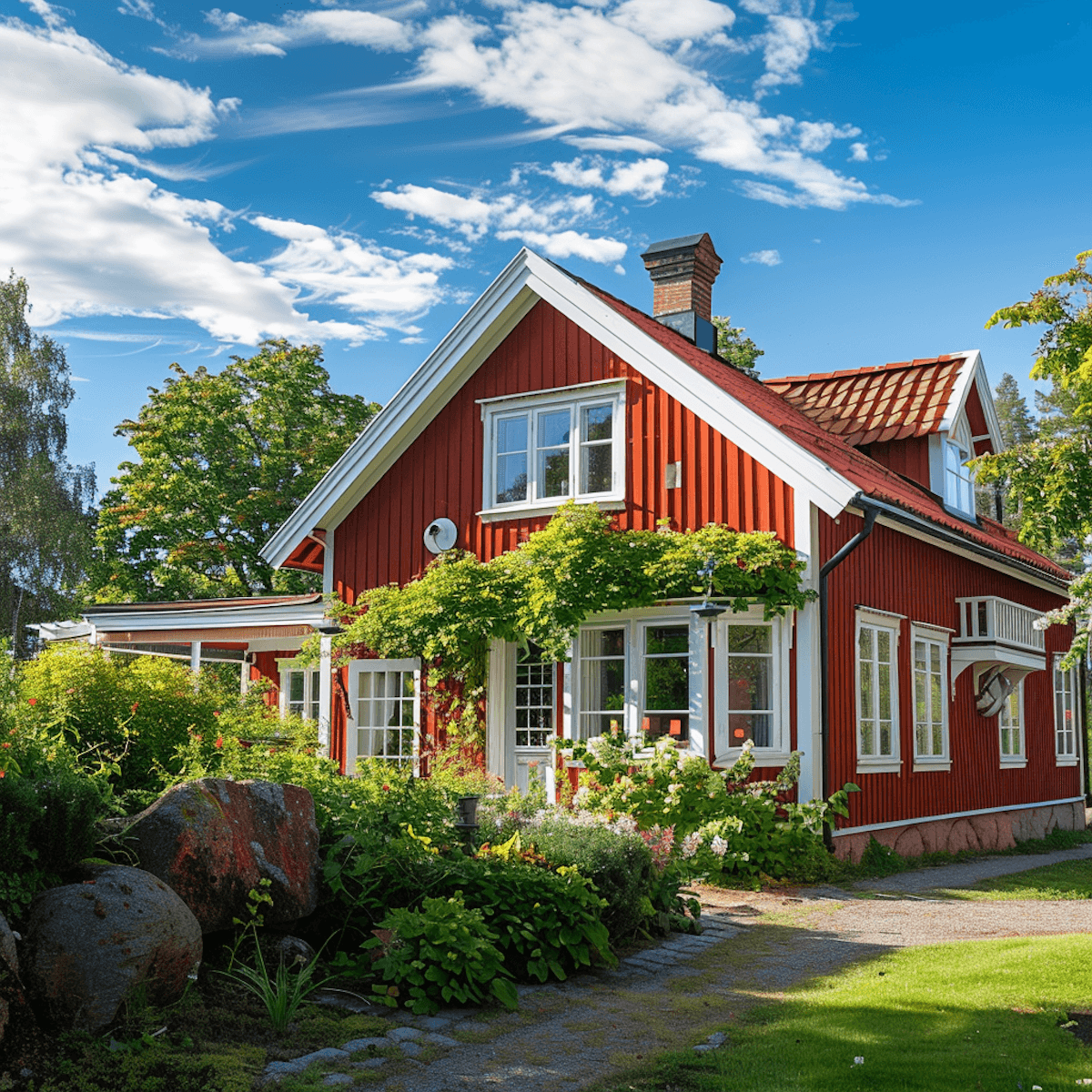 A charming red wooden house with white trim sits amidst lush greenery and a vibrant garden under a clear blue sky, exuding a cozy and serene atmosphere.