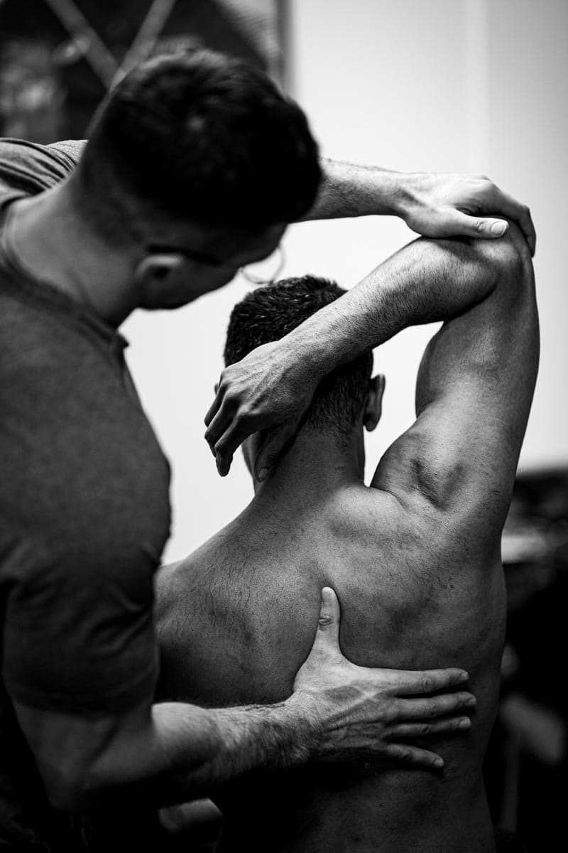 Two people talking on a walk