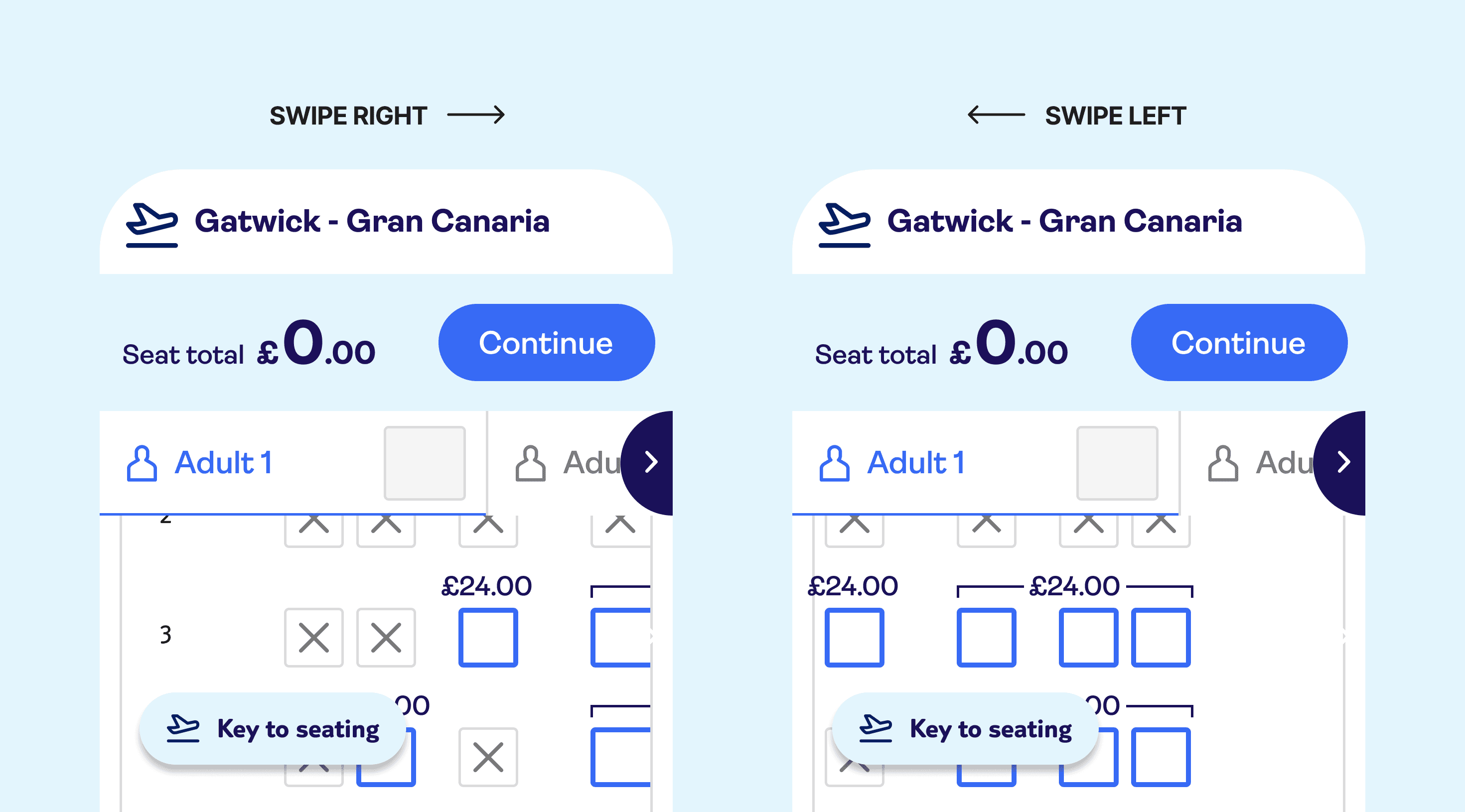 2 screens showing how a user needs to swipe left and right to view all content within the seatmap.