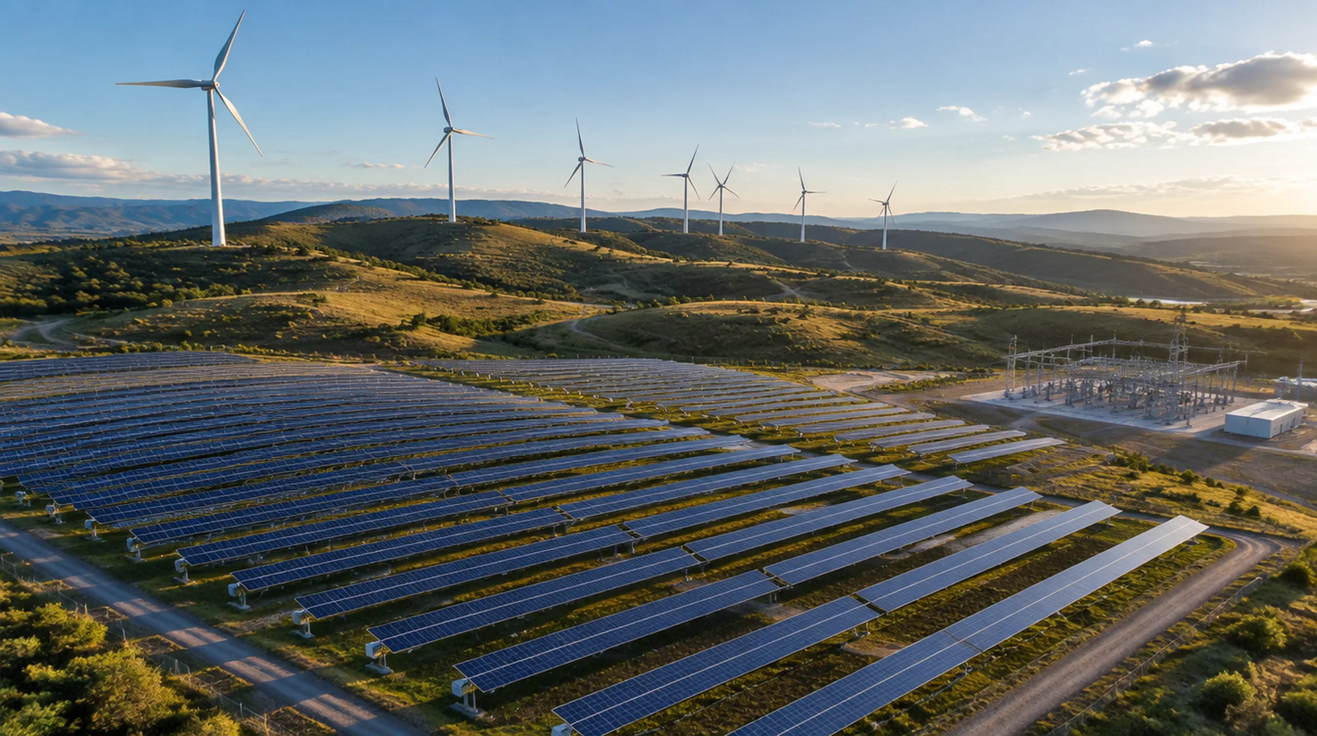 Aerial view of a solar farm with single-axis trackers in front of wind turbines on rolling hills