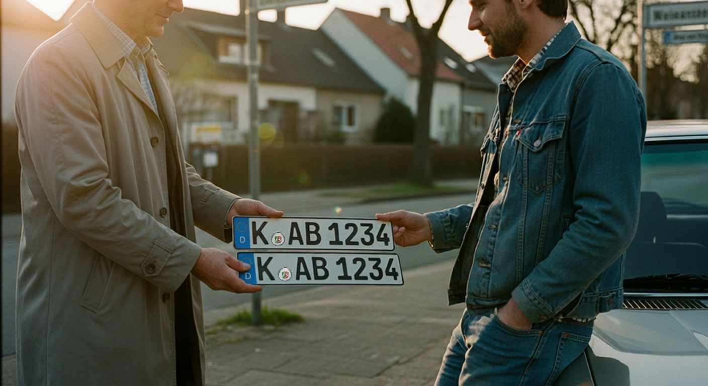 Deutsches Wunschkennzeichen vor einem Wohnhaus