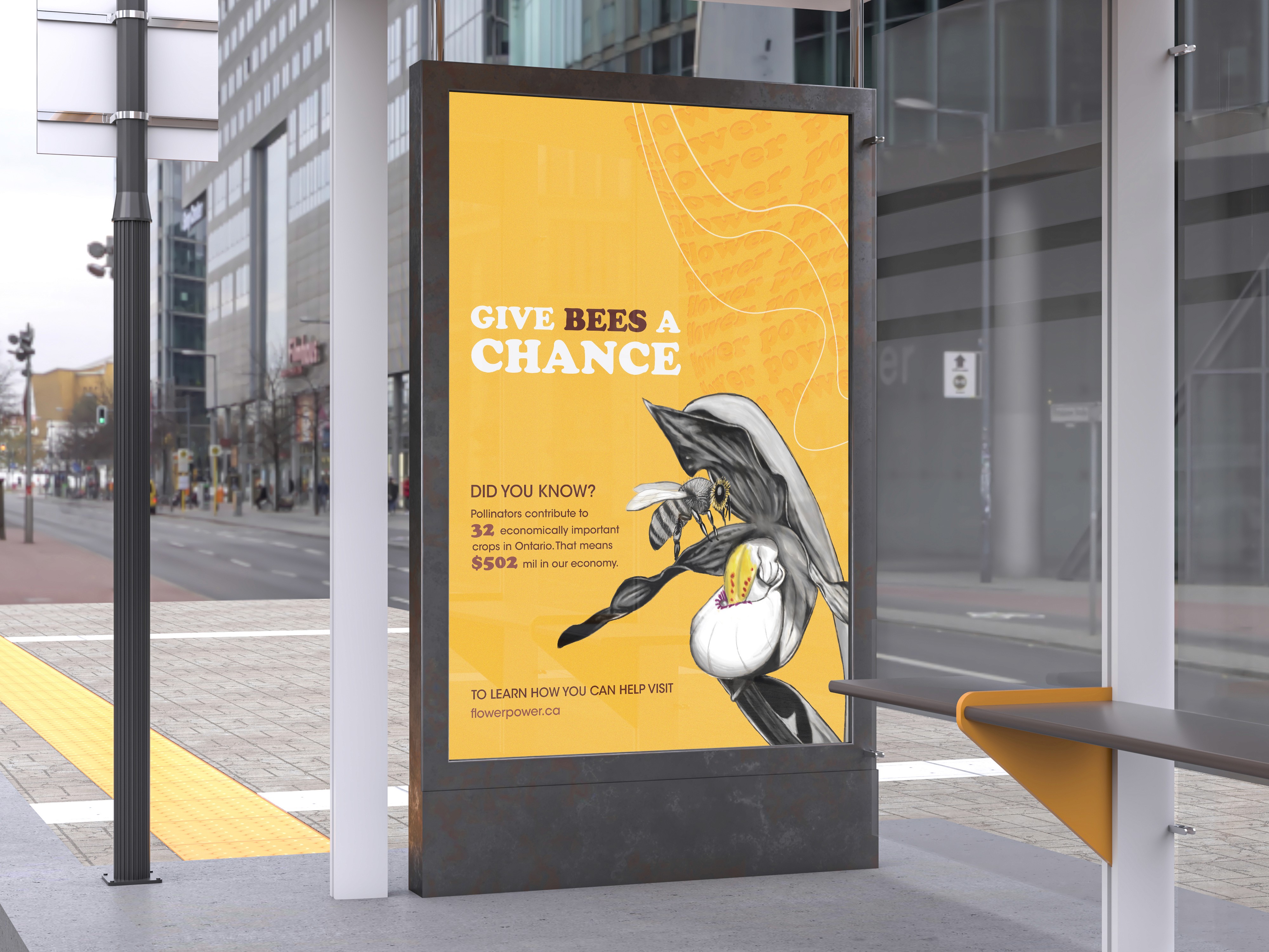 Give Bees a Chance poster in a bus shelter.