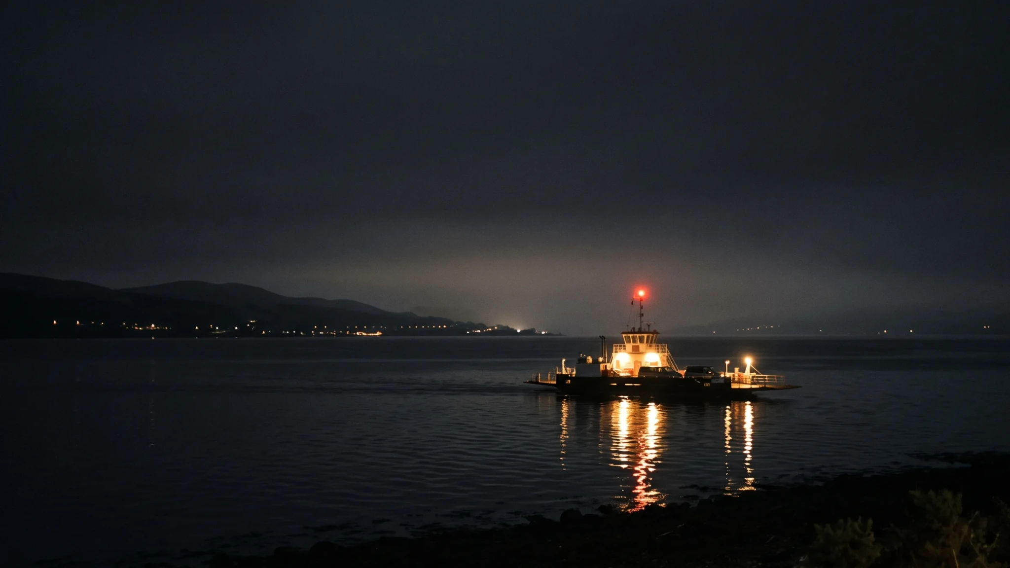 A ferry crossing dark water at night, its deck lights reflected in the firth