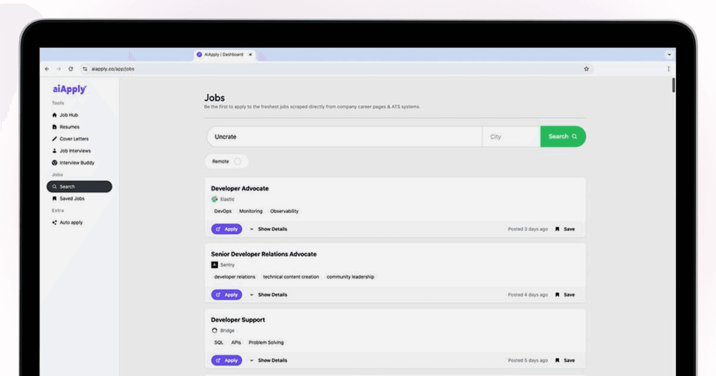 A screenshot of AiApply's dashboard user interface (UI), for a 2026 review showing features pricing and honest assessment for job seekers.