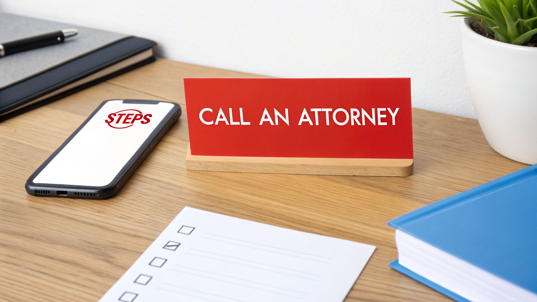 Desk with a 'CALL AN ATTORNEY' sign, a phone showing 'STEPS', and a checklist.