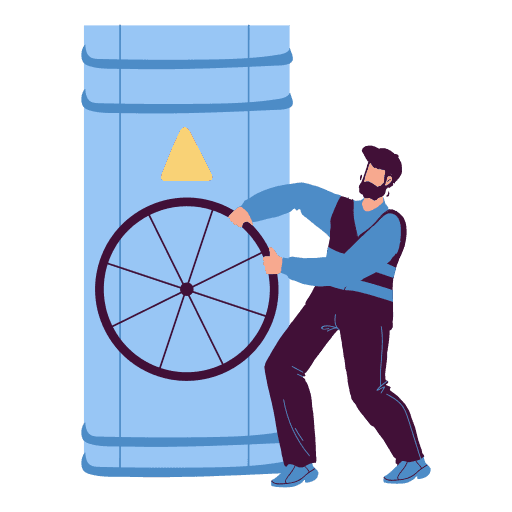 An illustration of an engineer conducting a heat pump installation, he is turning a large wheel