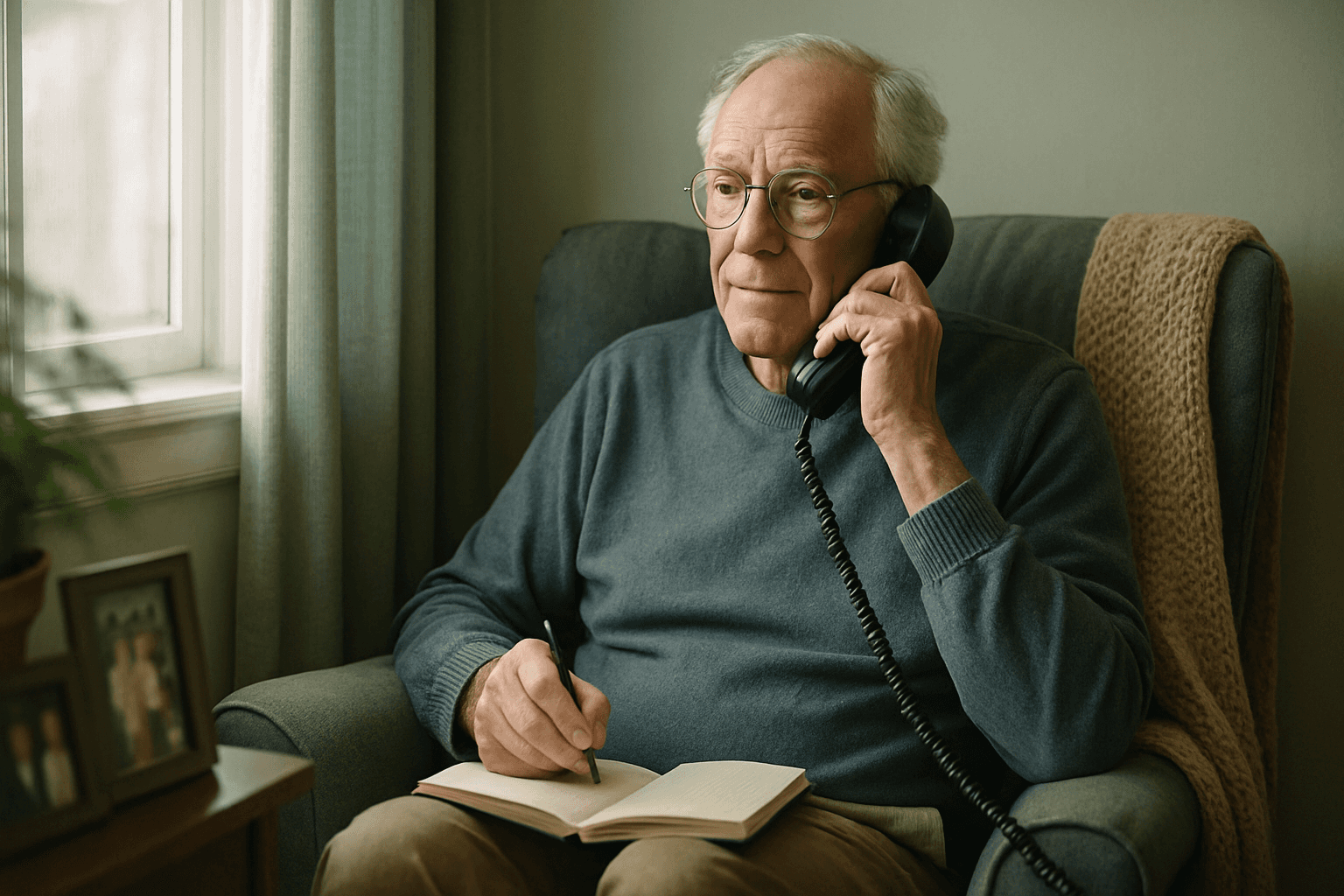 An older man sits in an armchair by a bright window, talking on the phone with a thoughtful expression and a notebook on his knee.