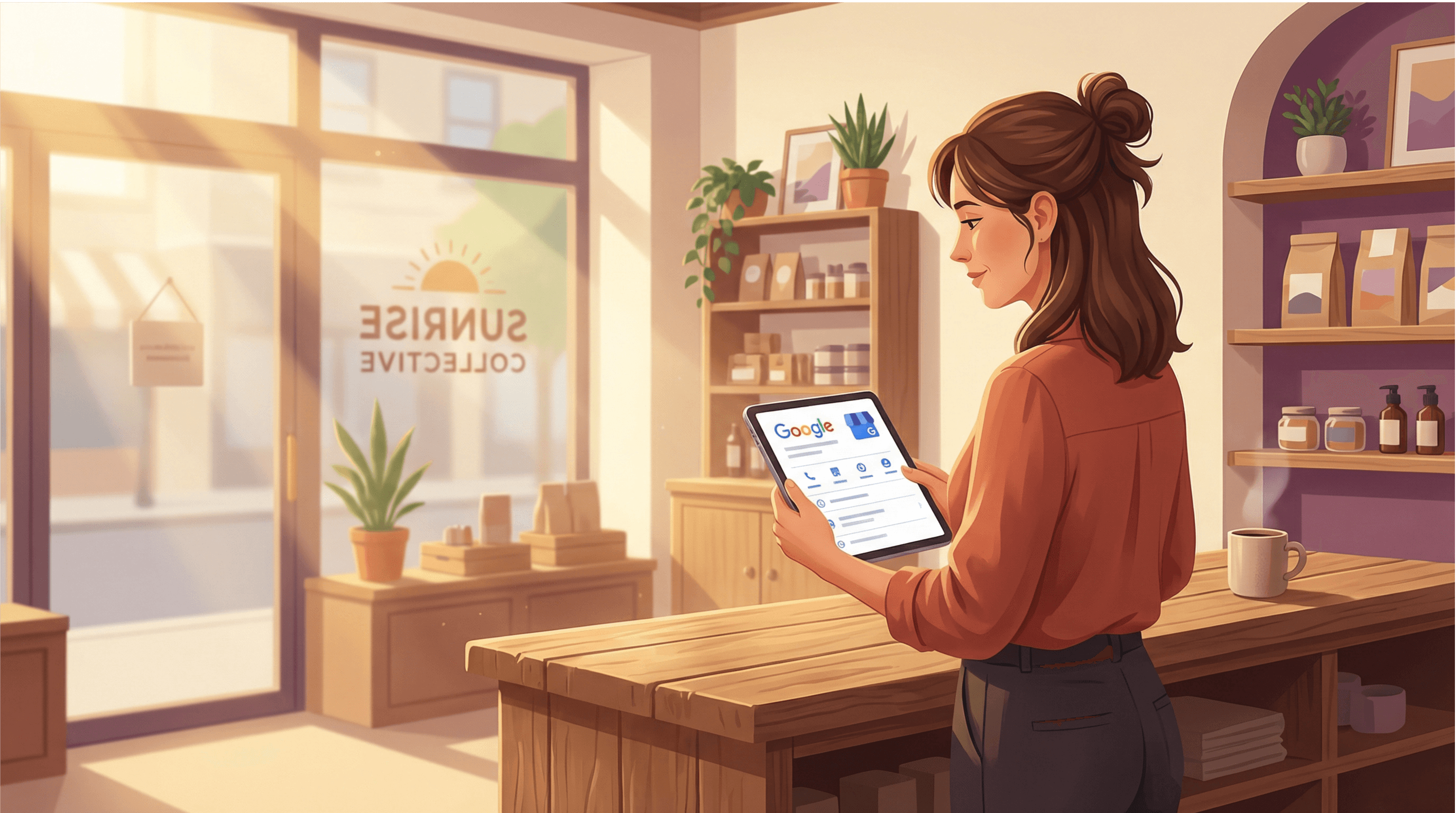Small business owner in a terracotta blouse working intently on her tablet to optimize her Google Business Profile for local SEO. She stands at a wooden counter in her own retail shop while golden daylight streams through the storefront window, creating a warm and inviting atmosphere.