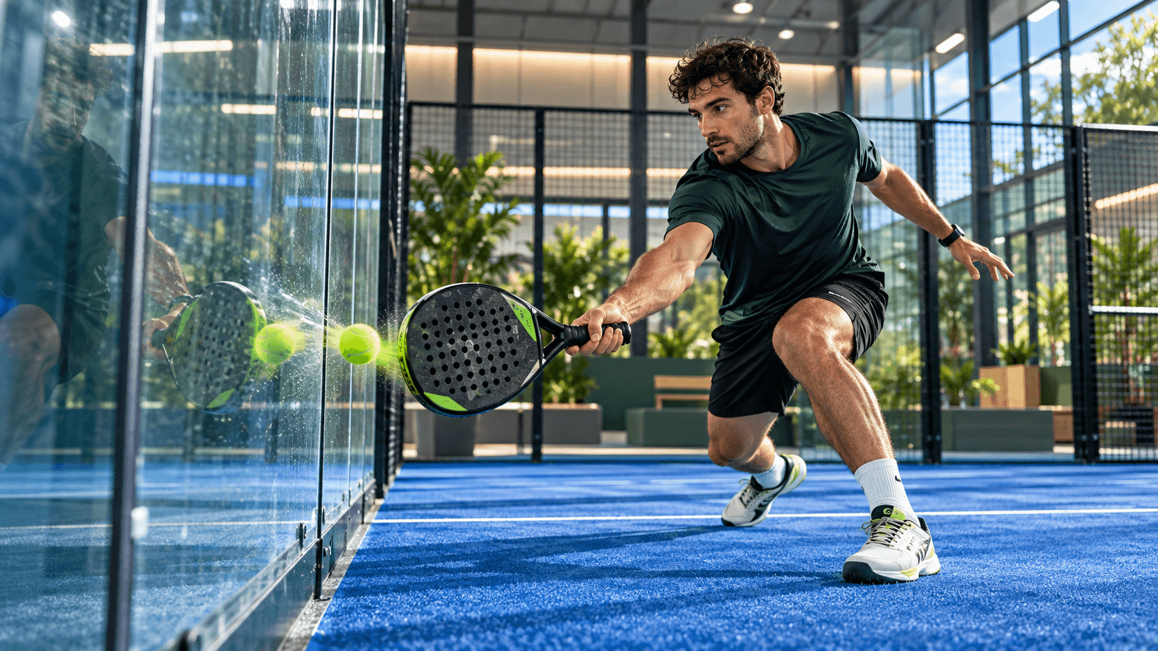 Padel player returning a ball off the back glass