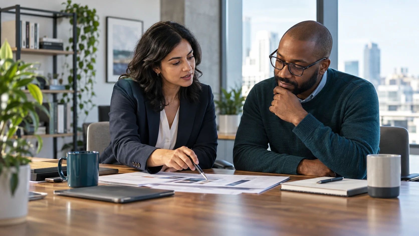 Two professionals discussing how AI tools may be used on a client project.