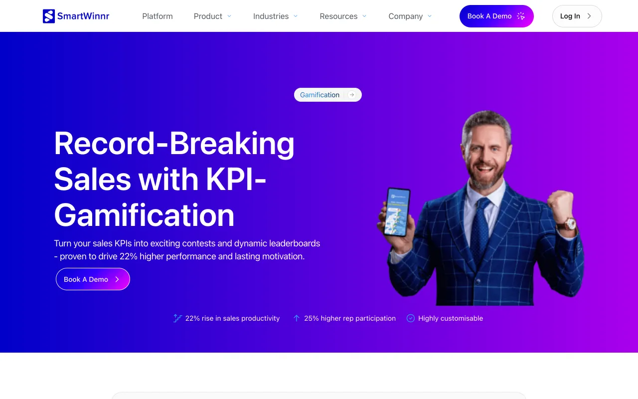 SmartWinnr homepage, KPI gamification with knowledge reinforcement