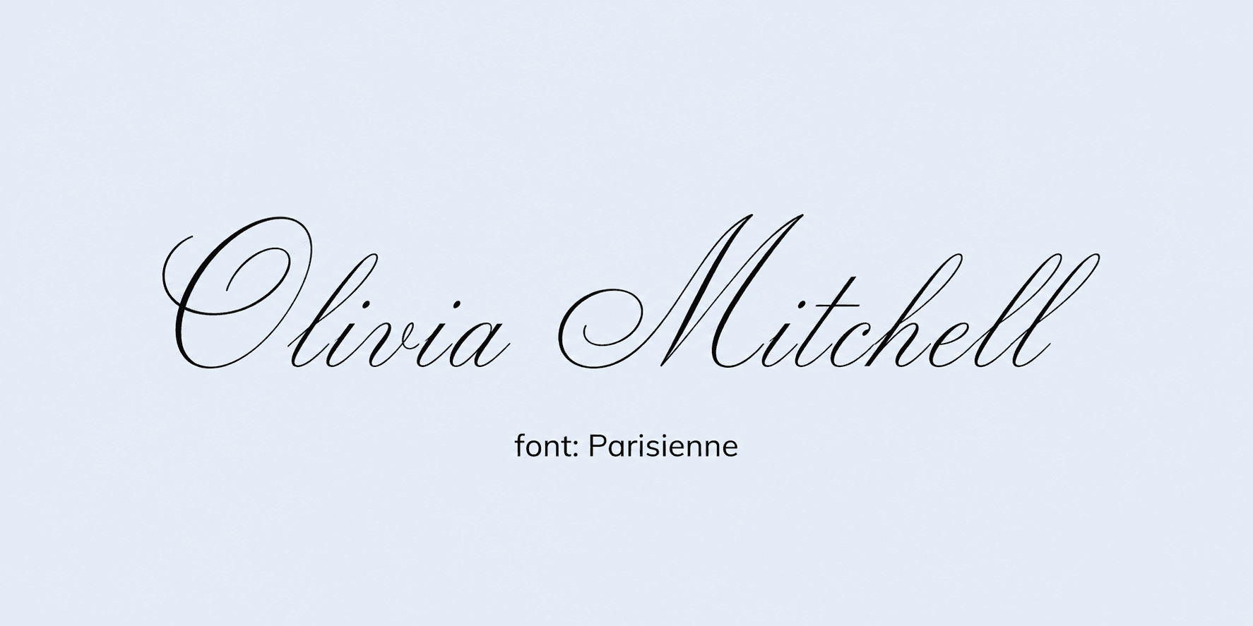 Sample name signed in a cursive signature font on a light background, with the font name labeled below.