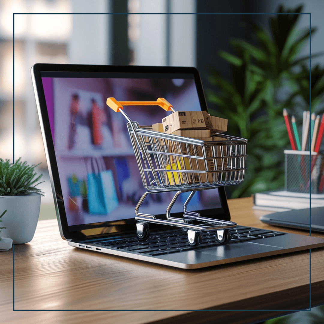 Ein Laptop auf einem Tisch aus dem ein voll belandenes Einkaufswagerl rauskommt