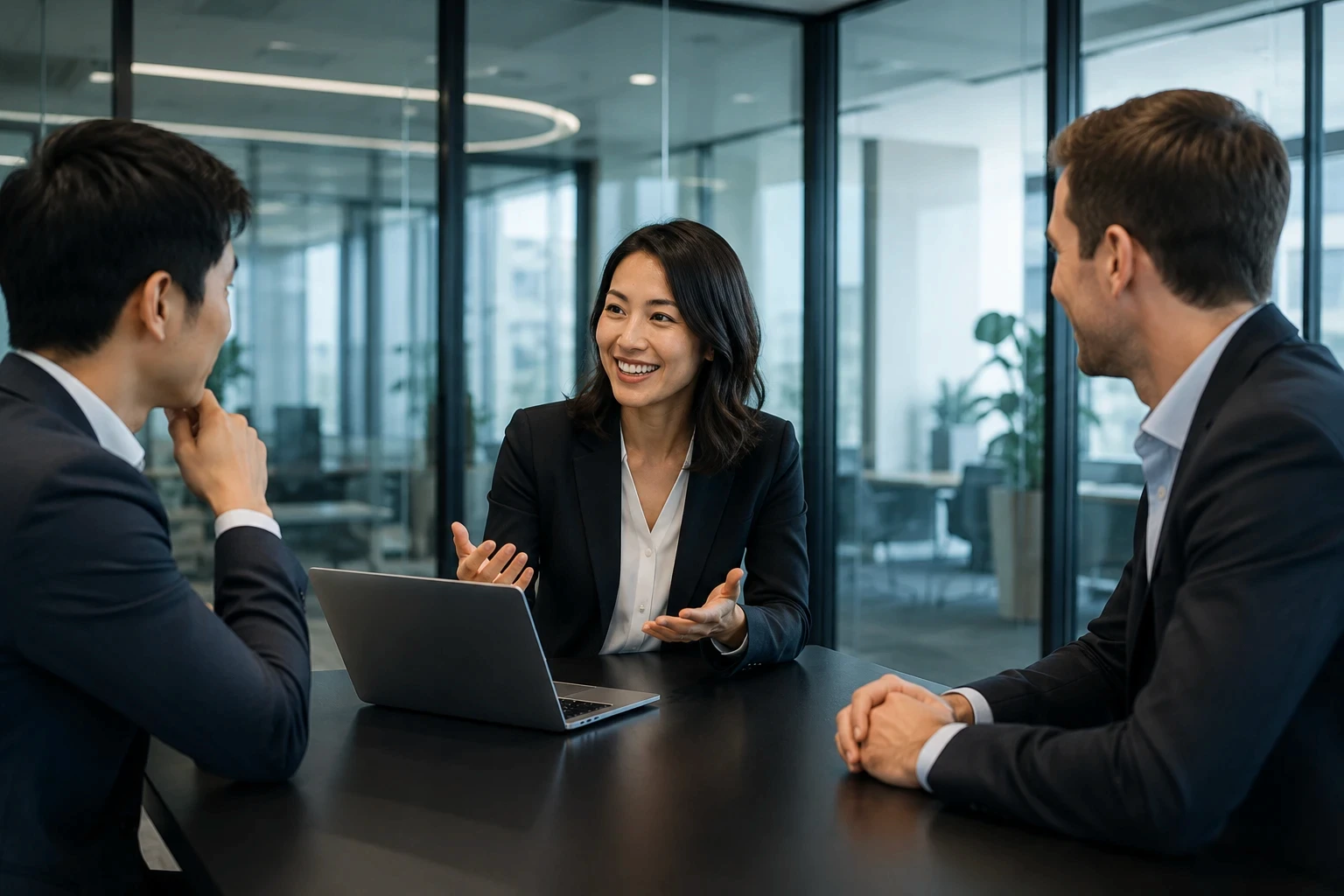 Bright glass-walled team meeting with senior operators discussing business strategy
