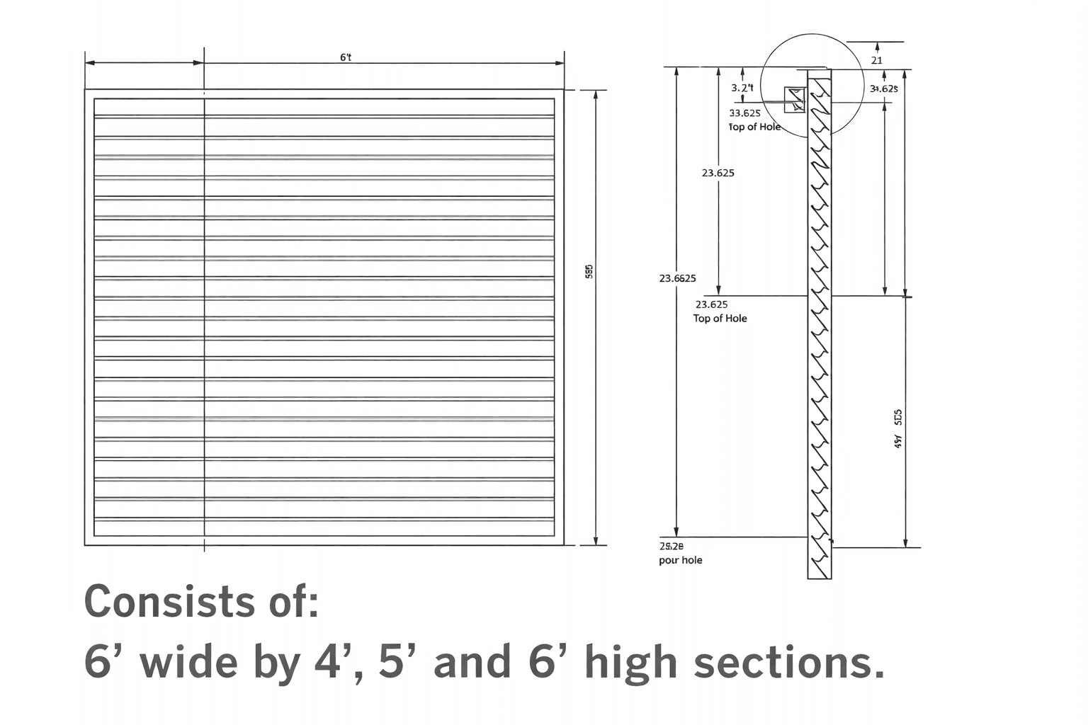A black-and-white technical architectural diagram showing the construction details of a louvered aluminum privacy fence panel.