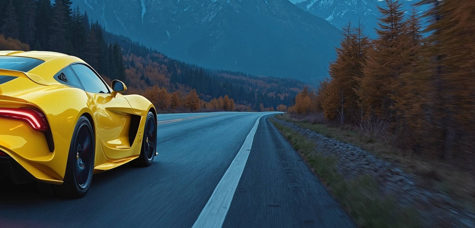 Voiture de sport jaune roulant sur une route de montagne sinueuse avec une forêt en arrière-plan.