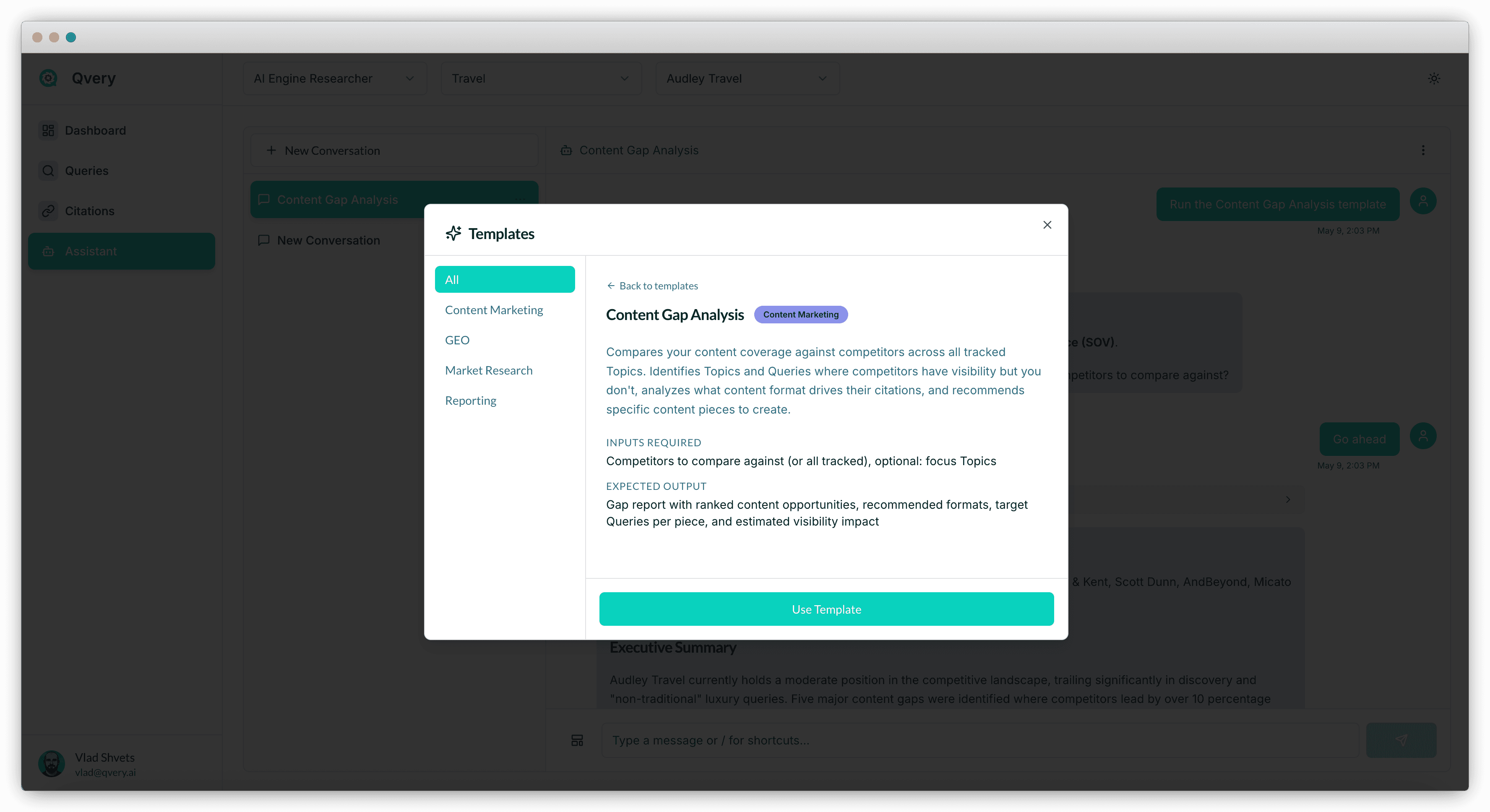 Qvery Assistant Templates modal showing the Content Gap Analysis template selected. The description reads: "Compares your content coverage against competitors across all tracked Topics. Identifies Topics and Queries where competitors have visibility but you don't, analyzes what content format drives their citations, and recommends specific content pieces to create." Inputs required: Competitors to compare against (or all tracked), optional: focus Topics. Expected Output: Gap report with ranked content opportunities, recommended formats, target Queries per piece, and estimated visibility impact.