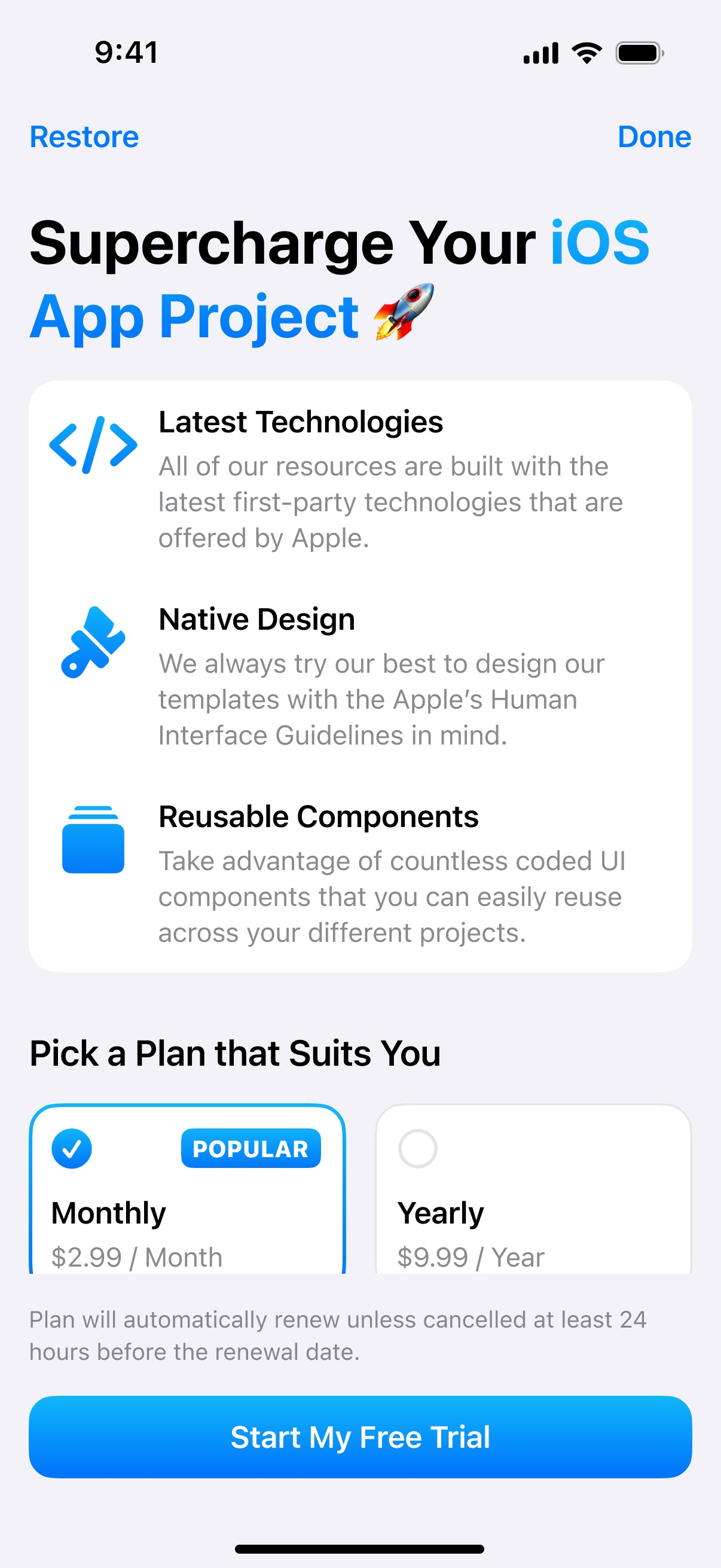 Paywall screen for Native iOS template from AppLayouts.