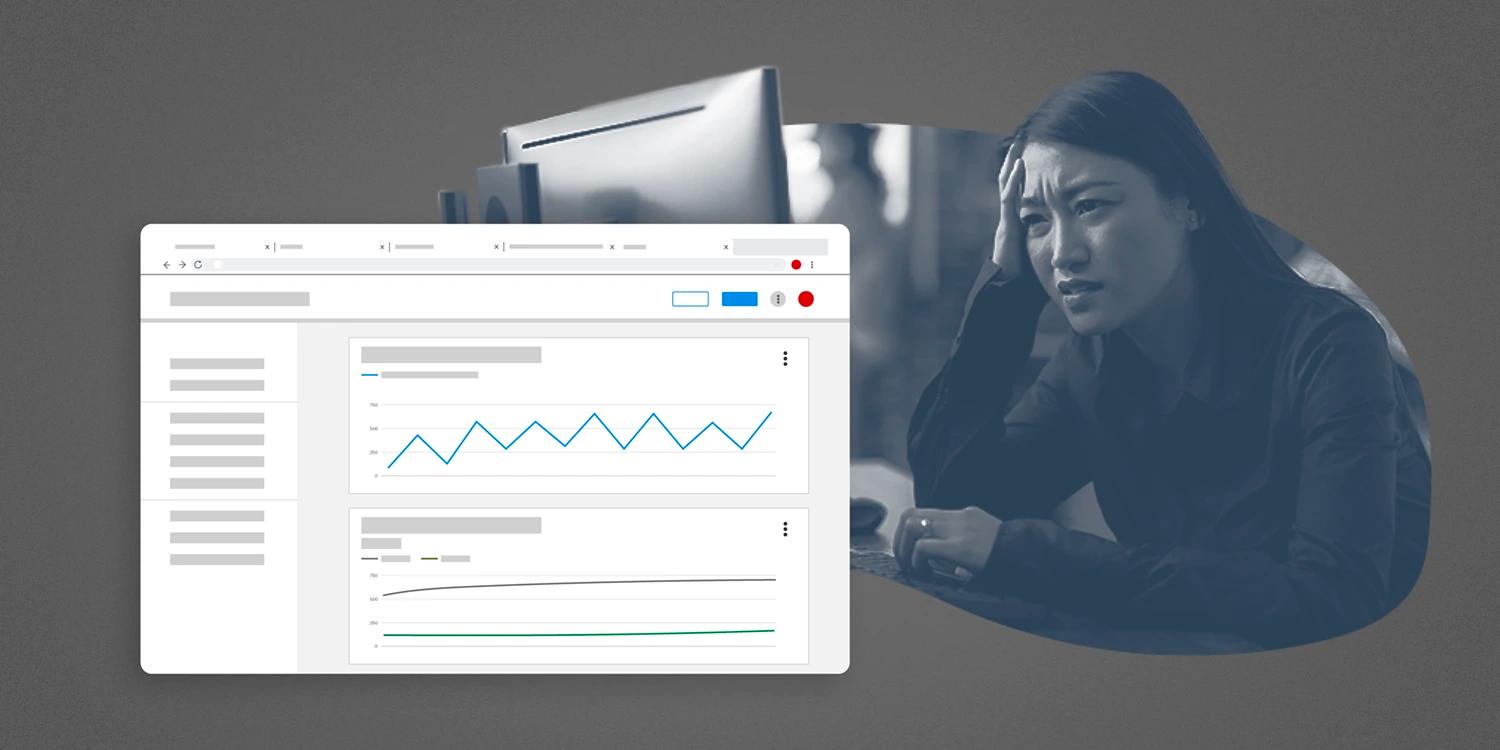 A confused woman staring at a computer with a web browser with data image nearby.