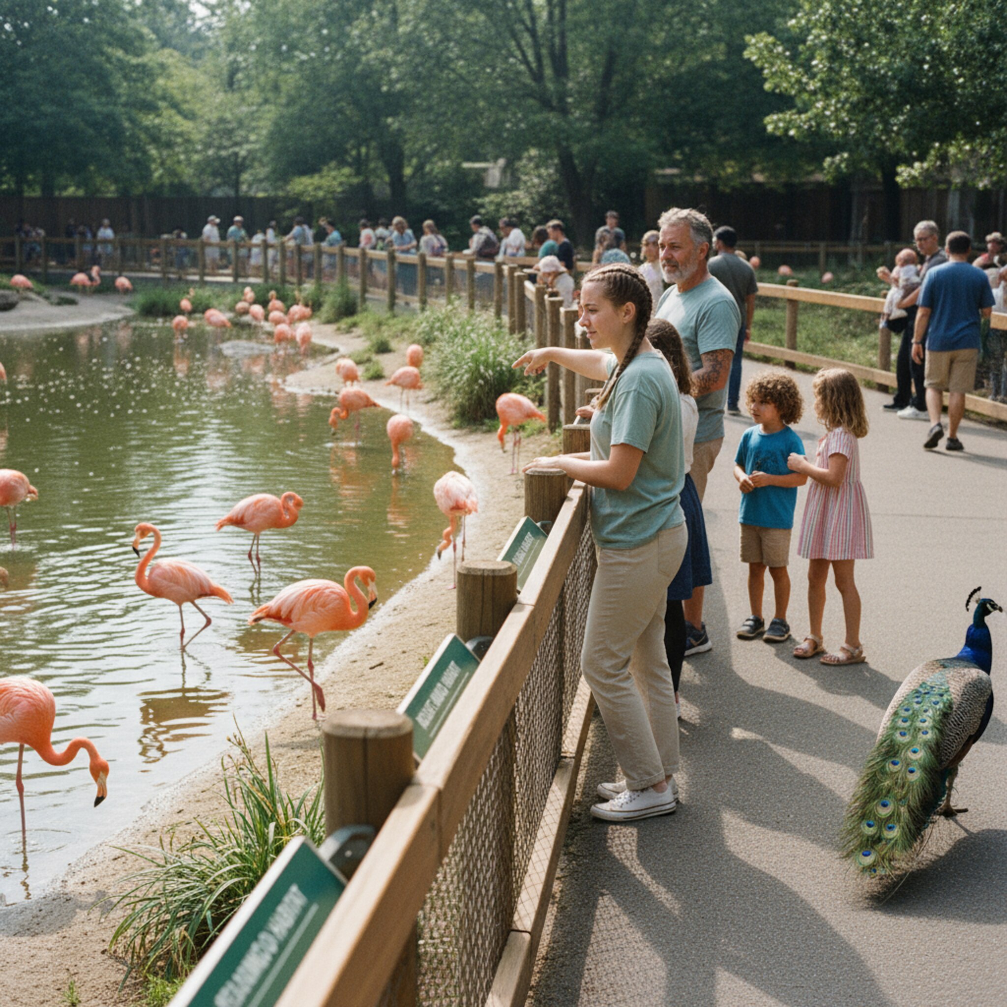 Am Flamingo-Teich verteilt sich das Publikum locker entlang eines Wegs mit Holzgeländern. Weiches Mittagslicht spiegelt auf dem Wasser, ein Pfau streift am Rand vorbei. Hinweistafeln sind gut sichtbar, niemand drängt. Die Szene wirkt geordnet, freundlich und angenehm ruhig.