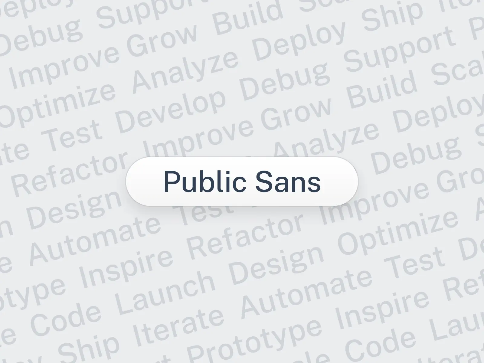 Public Sans font preview with 3D soft UI button on light background with tech terms