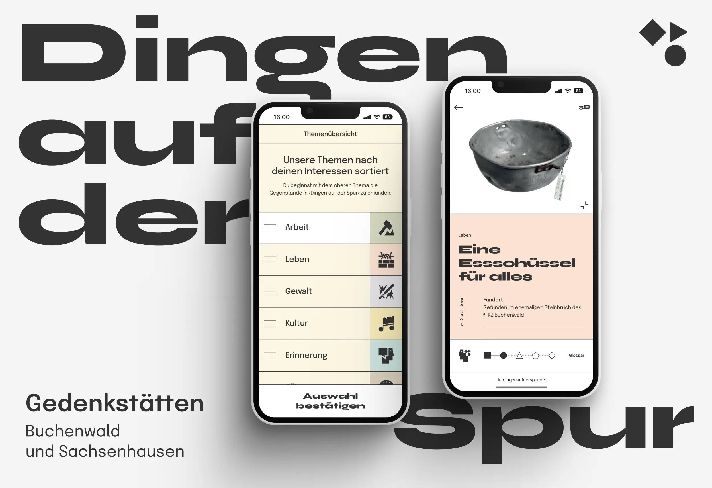 Zwei App-Screens: Themenübersicht mit Kategorien Arbeit, Leben, Gewalt und Detailseite „Eine Essschüssel für alles“ aus KZ Buchenwald.