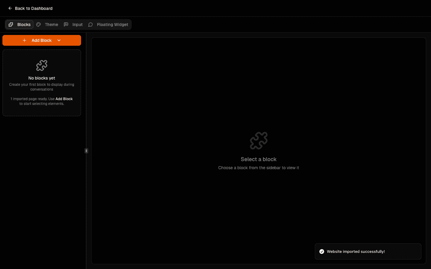 Open block management area in project dashboard