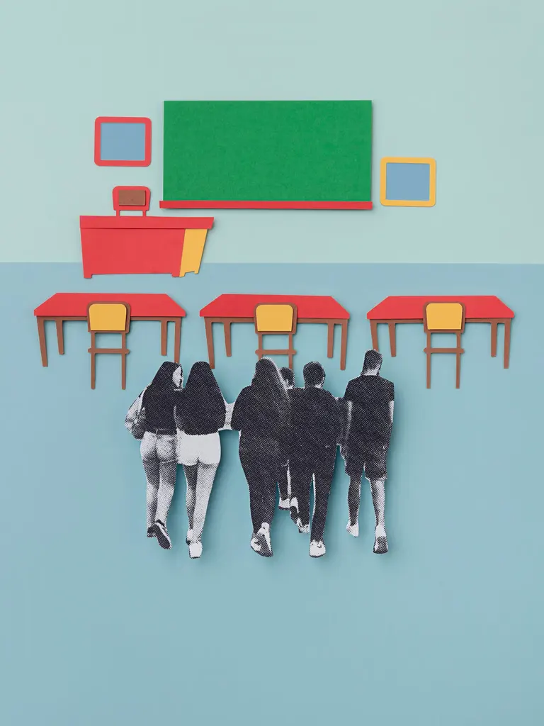 Collage-style image of a group of people walking toward a classroom with desks, chairs, and a green chalkboard.