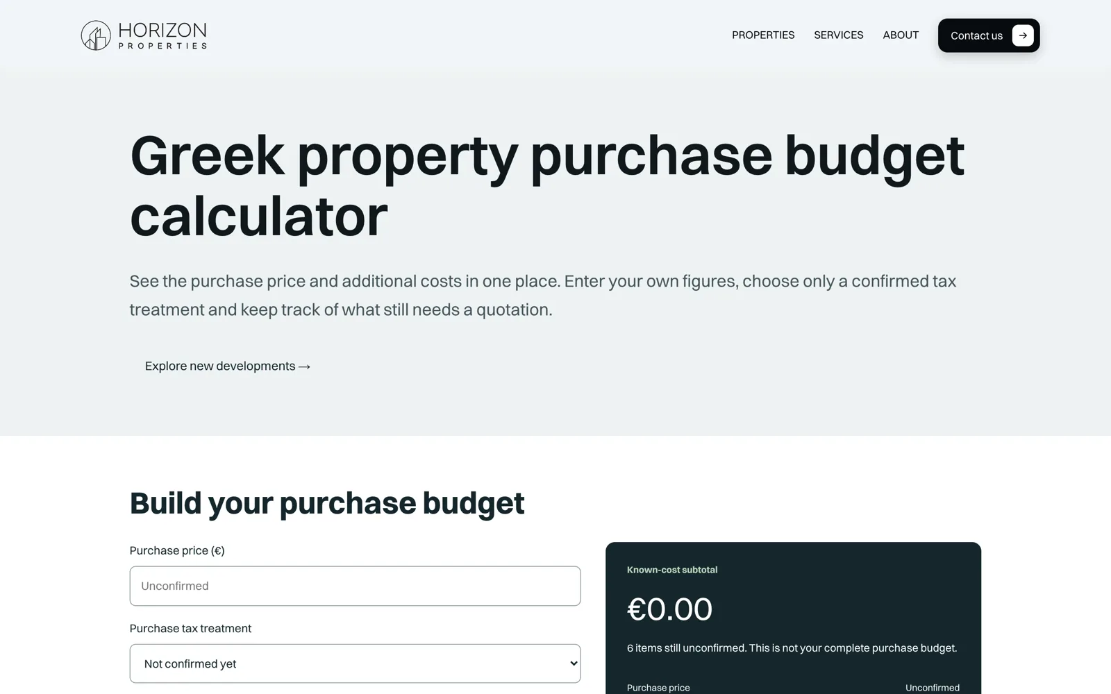 Horizon Properties website: A purchase budget calculator