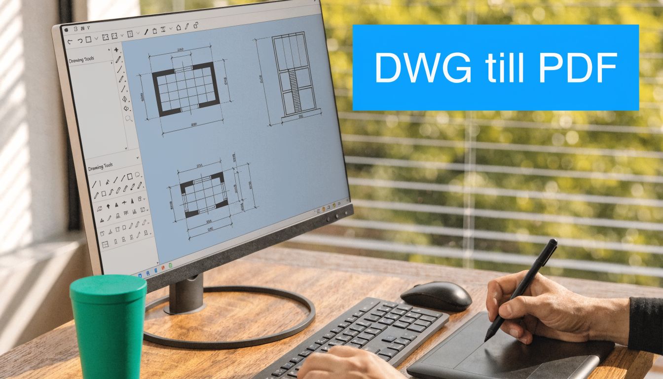 En person arbetar med tekniska ritningar på en dator med en ritplatta för att konvertera dwg till pdf.