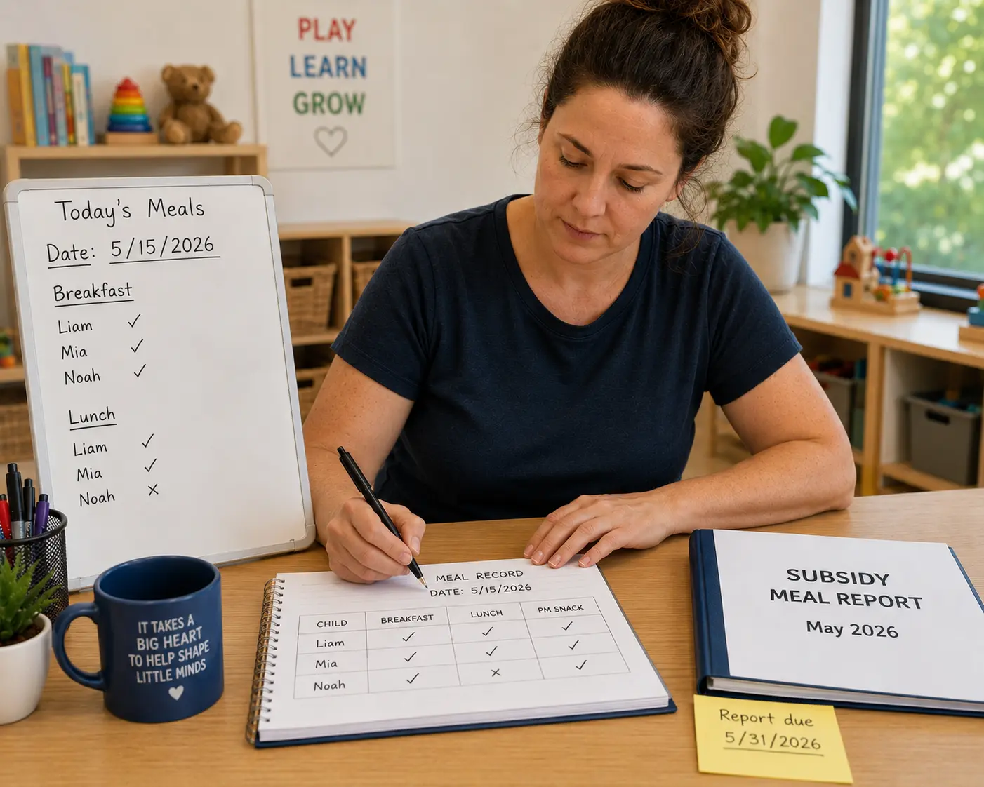 a woman sitting at a desk compiling a report stating which kids had lunches at what time