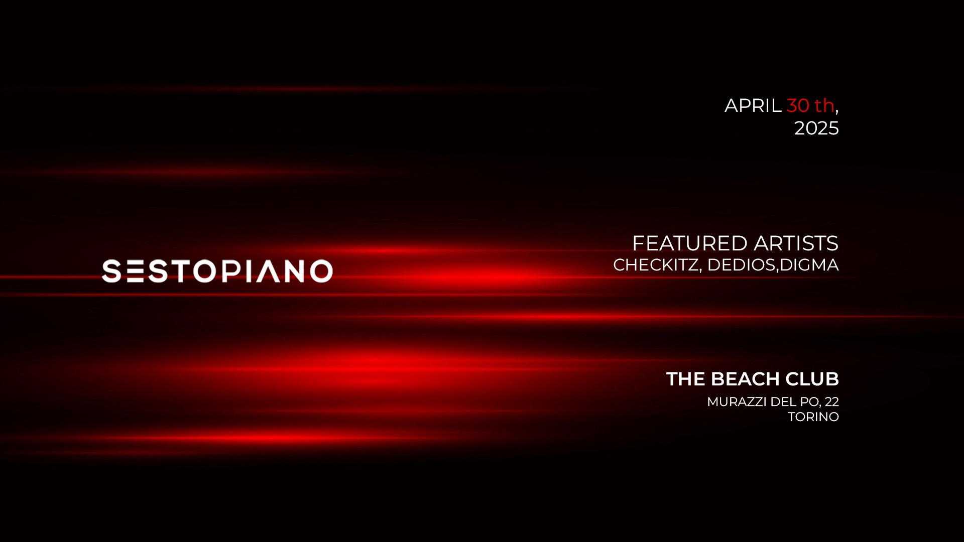 Tra i migliori eventi per giovani a Torino, Sestopiano propone serate Torino con una forte identità musicale. Ogni evento esclusivo unisce musica Torino, DJ set live e nuove visioni artistiche.  Le nostre feste Torino si distinguono dalle classiche discoteche Torino, offrendo un’esperienza Torino autentica e coinvolgente.  Scopri il prossimo evento Sestopiano Torino e resta connesso tramite social e Instagram per tutti gli aggiornamenti sui nostri Events Turin.