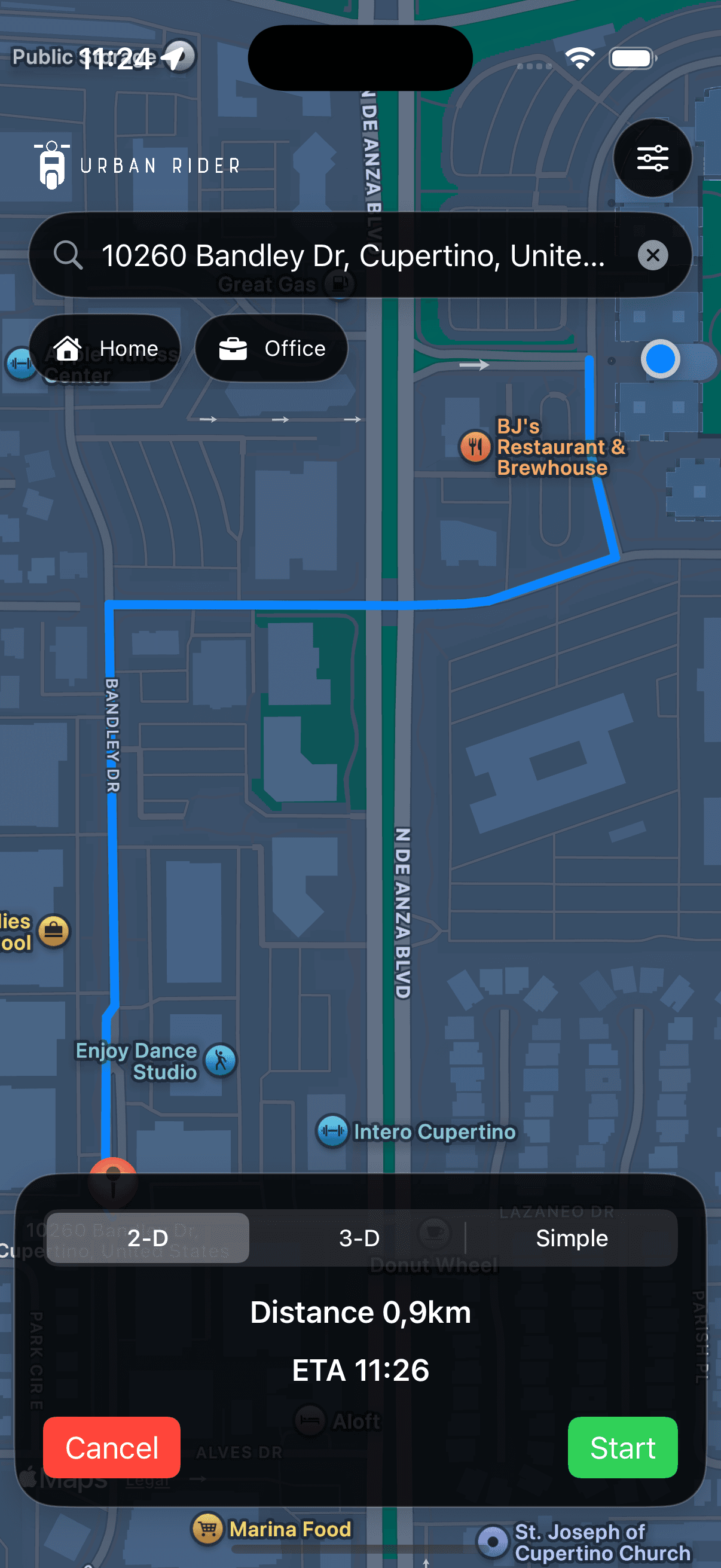 Smart routing in Urban Rider app, avoiding highways for safe moped rides.