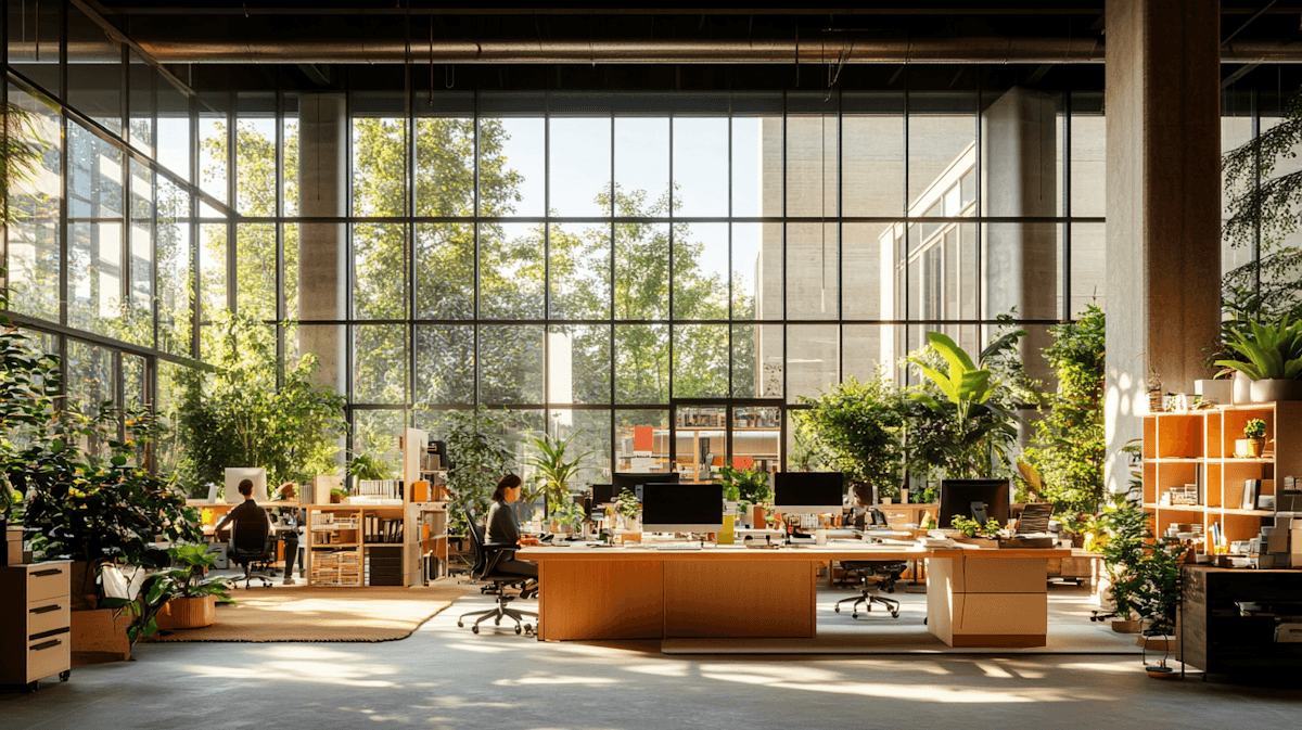 A bright indoor space with large windows, filled with plants and a wooden reception desk.