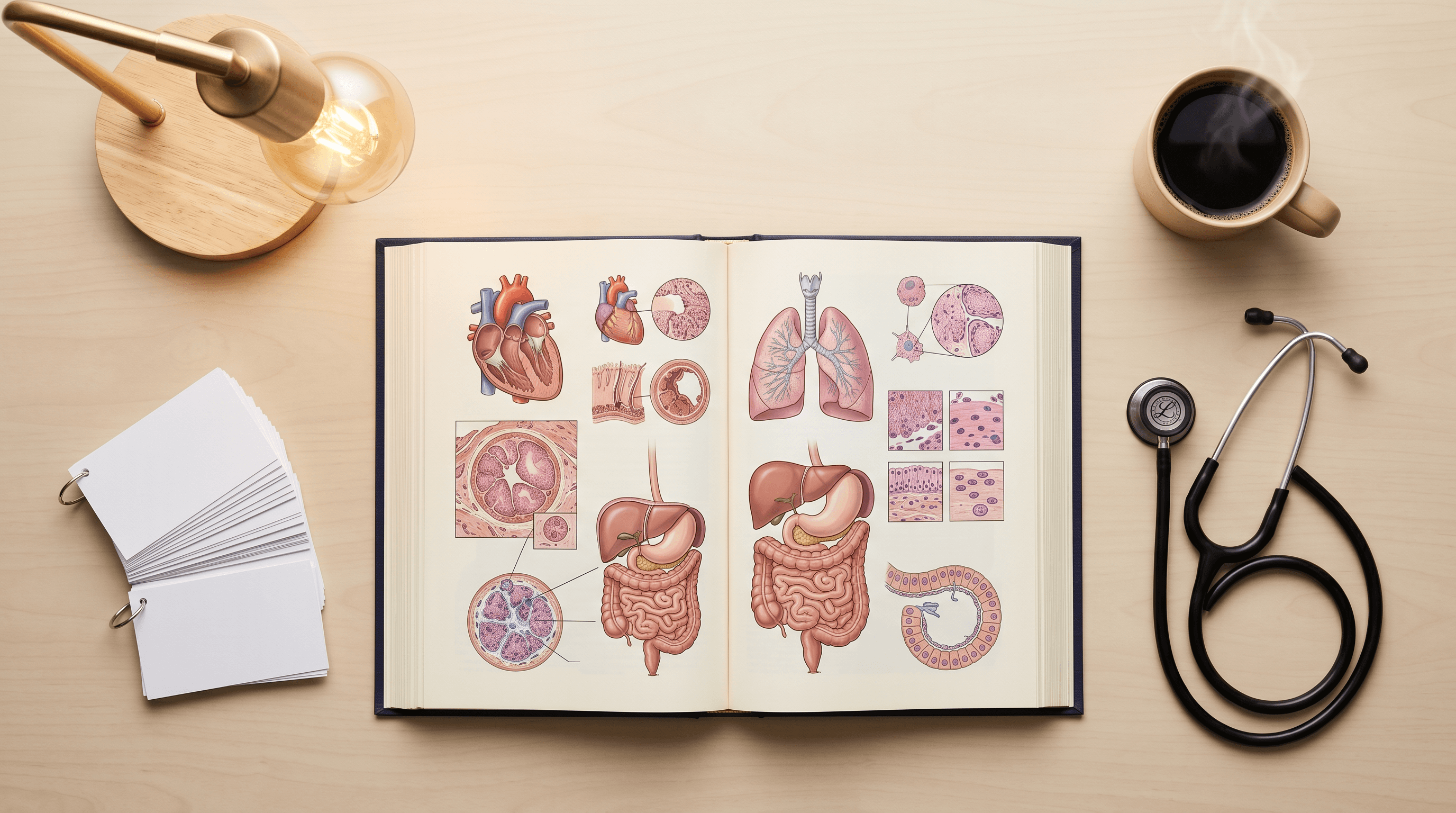 Medical study desk with pathology book and spaced repetition cards