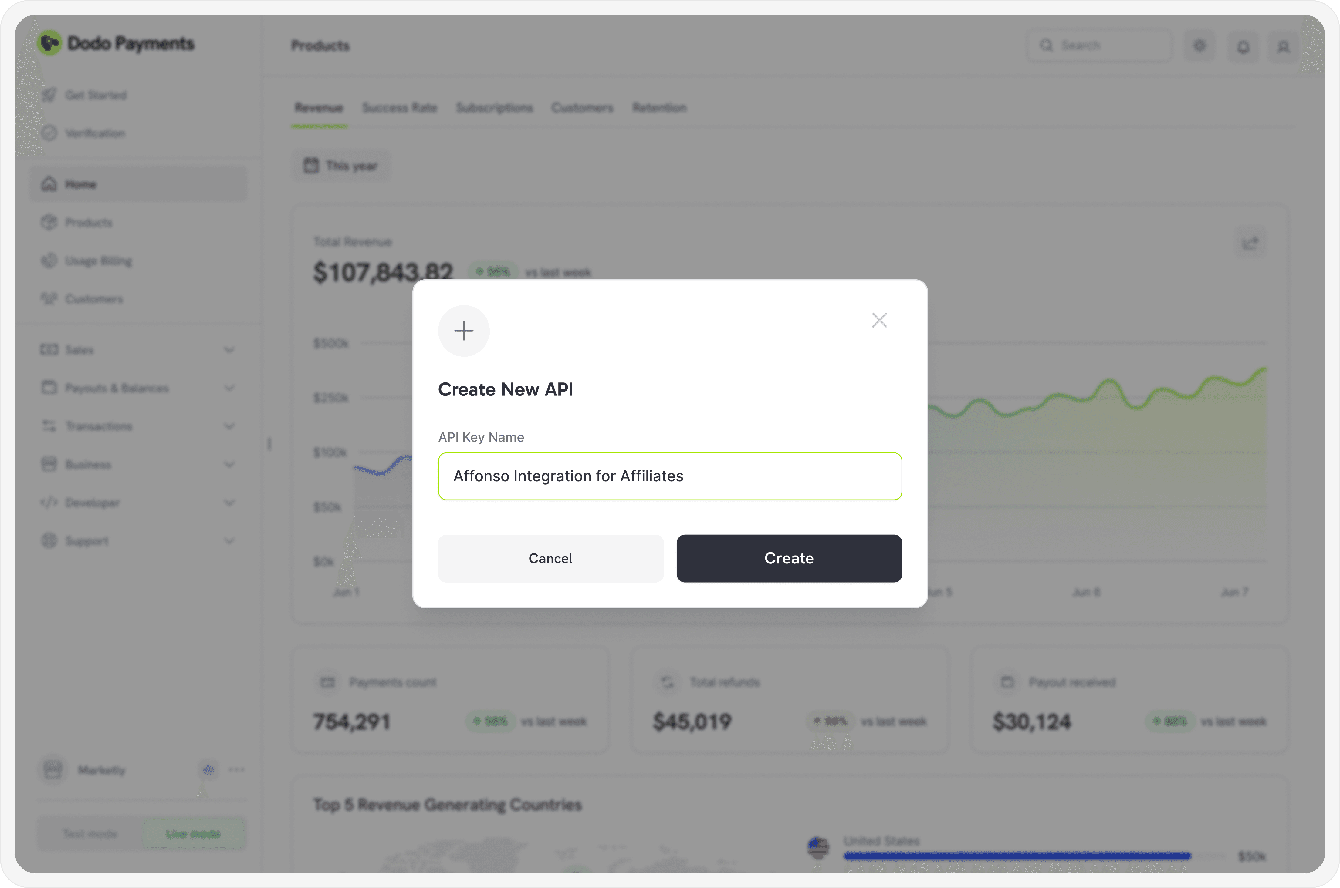 Dodo Payments dashboard with a list of supported payment methods and countries