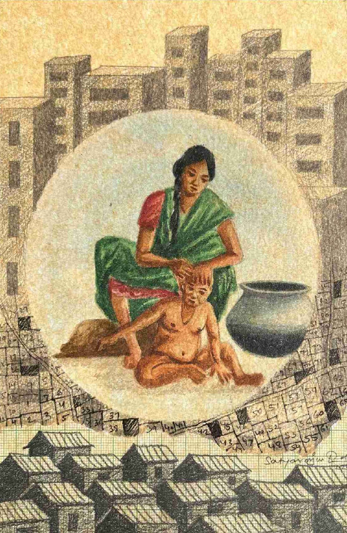 herd of sheep on road painting