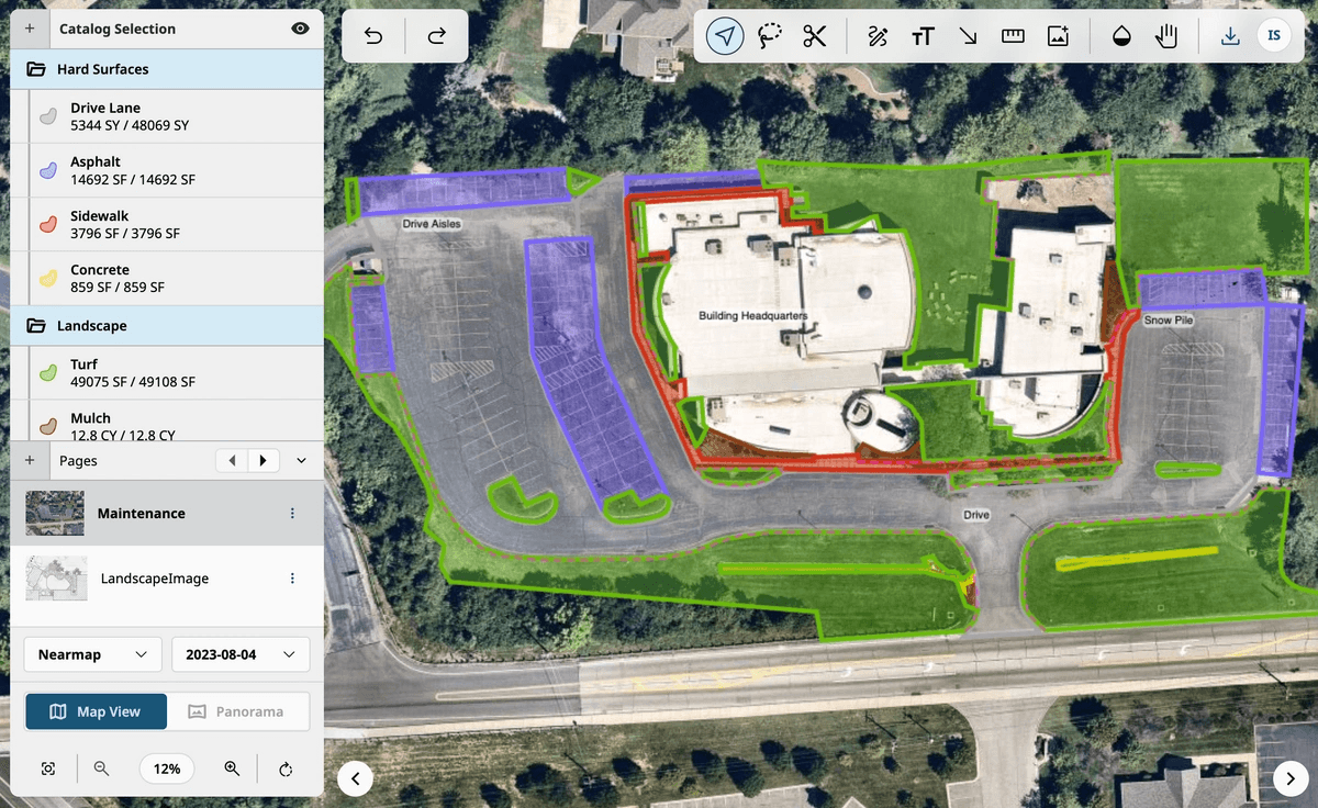 Aerial view of a property with outlined boundaries, parking areas, and landscaped sections, shown on a digital map.