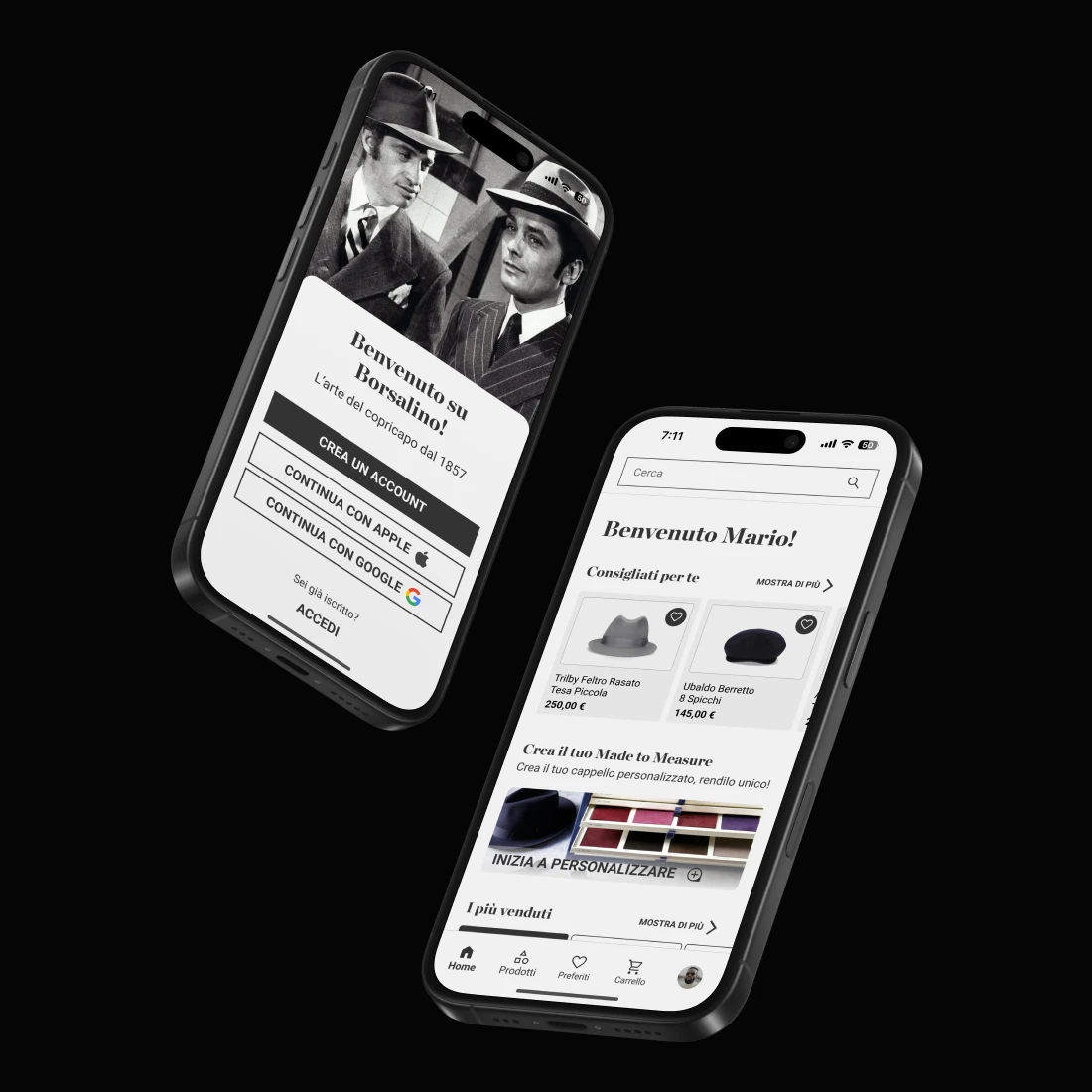 Schermata di onboarding e homepage dell'app