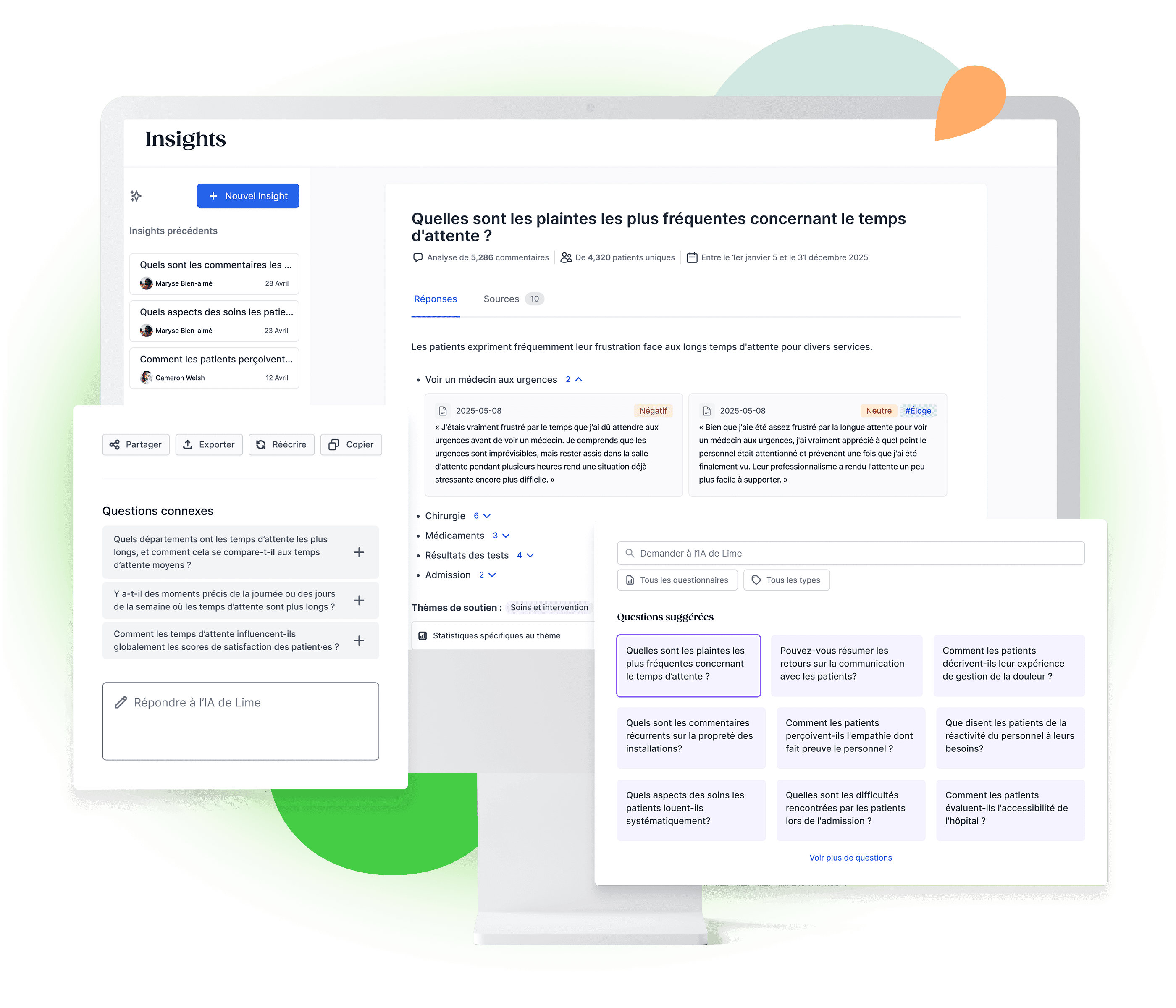 Tableau de bord des retours patients présentant des informations sur les temps d'attente, les commentaires et les préoccupations dans une interface sombre.
