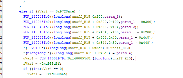 Ein Ausschnitt aus einem in einer Programmiersprache geschriebenen Computercode mit bedingten Anweisungen und Funktionsaufrufen. Er enthält Variablenzuweisungen, hexadezimale Werte und eine Funktion namens FUN_1400431b0.