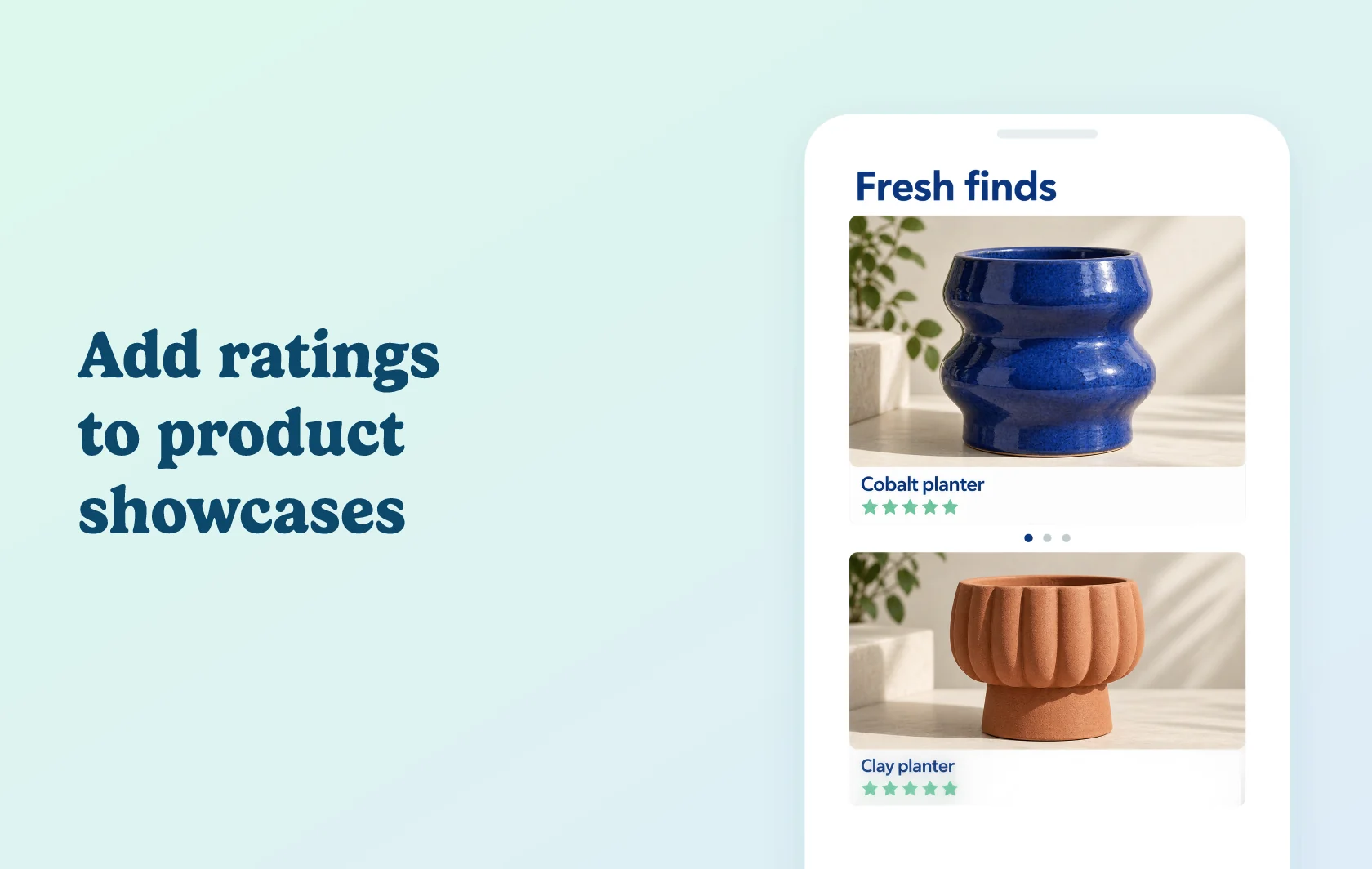 Judge.me and EasyBoost integration: illustration of a product showcase featuring sculptural plant pots with individual star ratings.