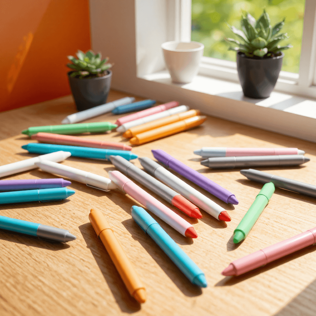product photography of set of colored gel pens