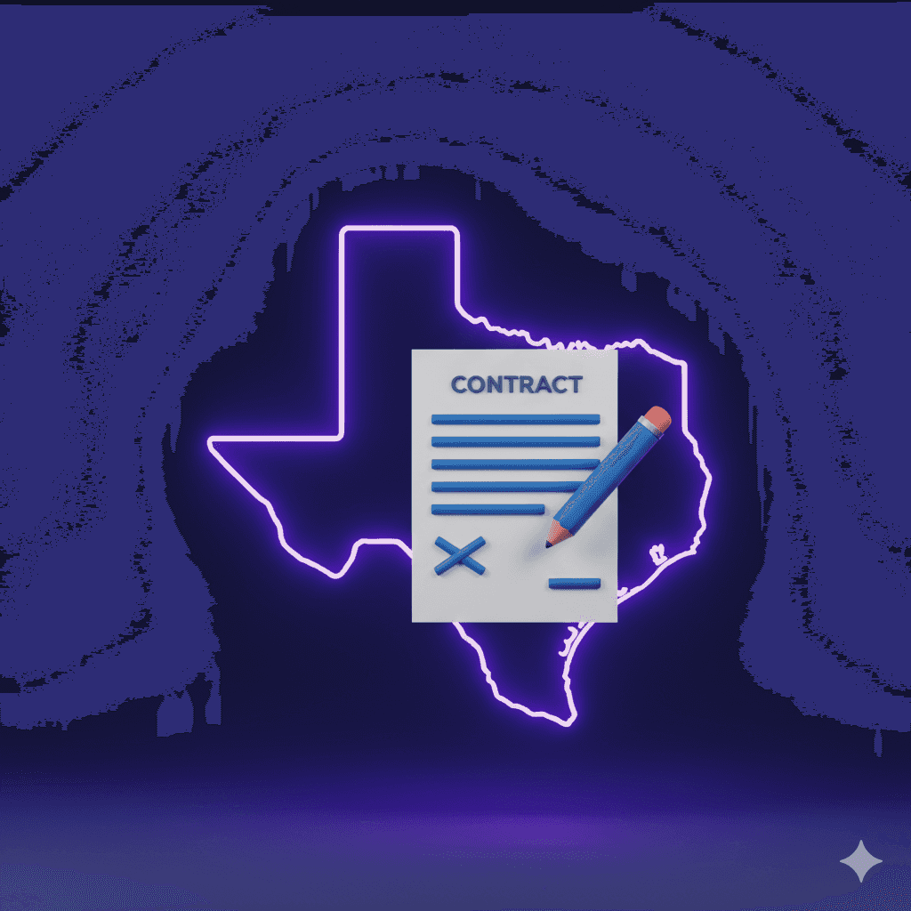 A glowing Texas state outline in purple with a blue pencil crossing through contract clauses, representing judicial reformation of overbroad non-compete agreements