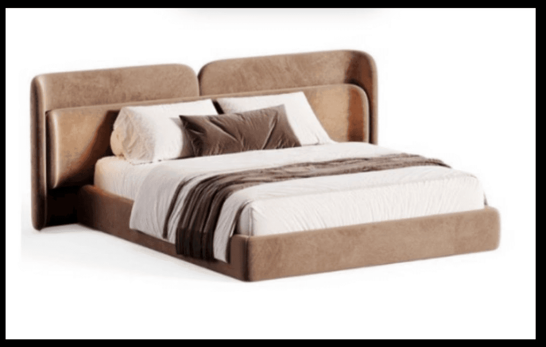 Plush beige bed with fluid curves and soft elegance.