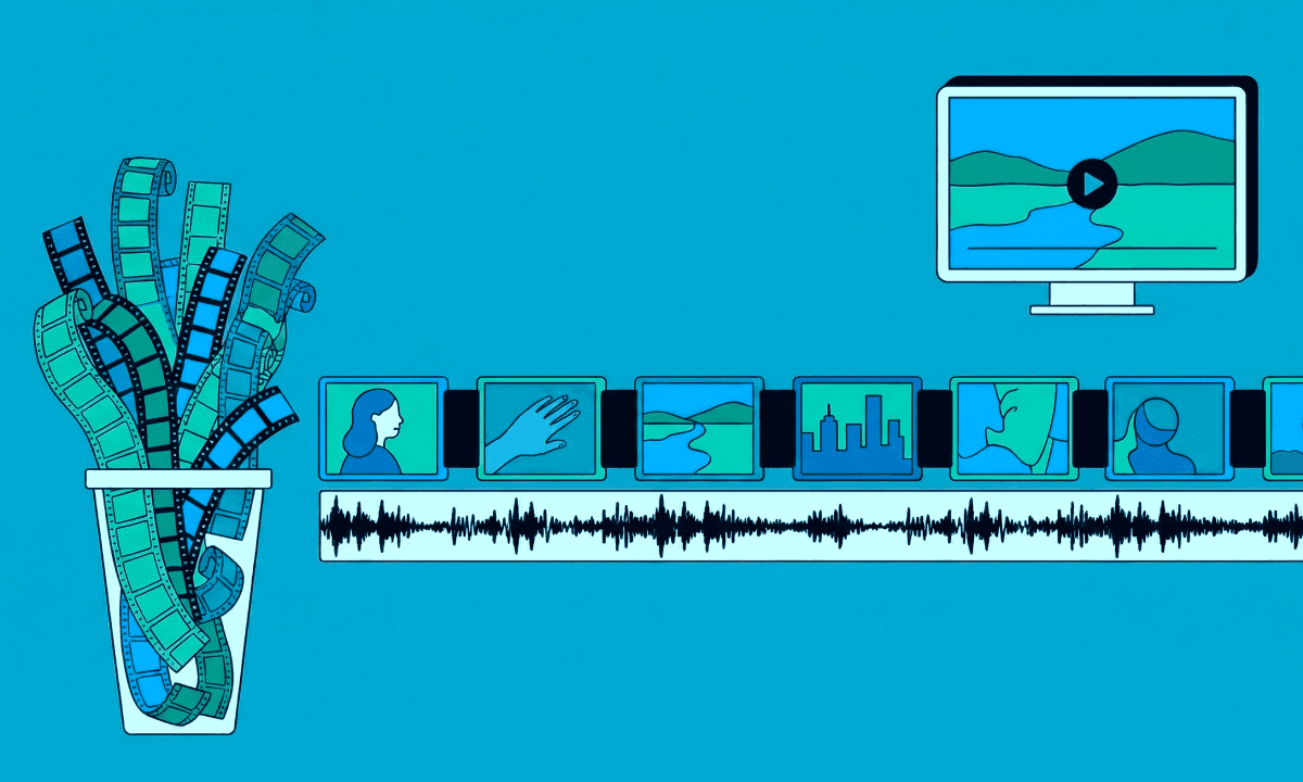 Illustration showing raw footage strips labeled as stringouts transforming into selects clips used in editing.