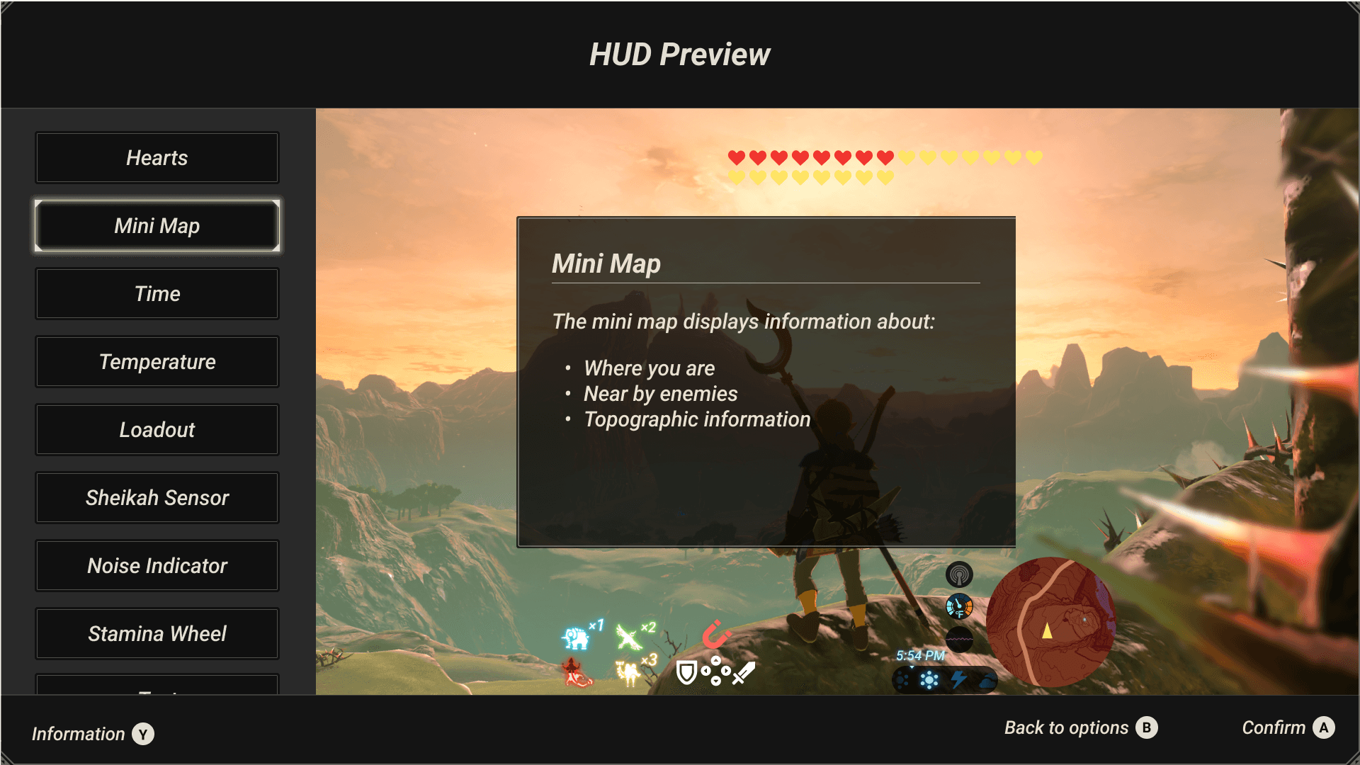 A screen in the legend of Zelda breath of the wild that would explain to the reader what different heads up display elements show.